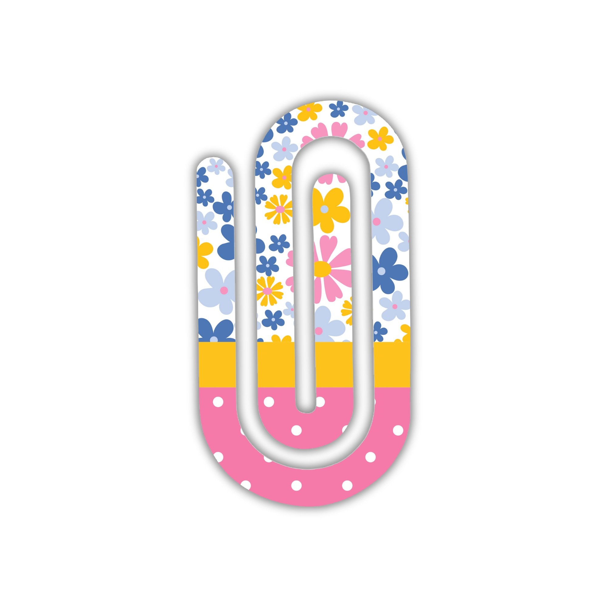 Colorful jumbo paper clip with floral and polka dot design on white background.