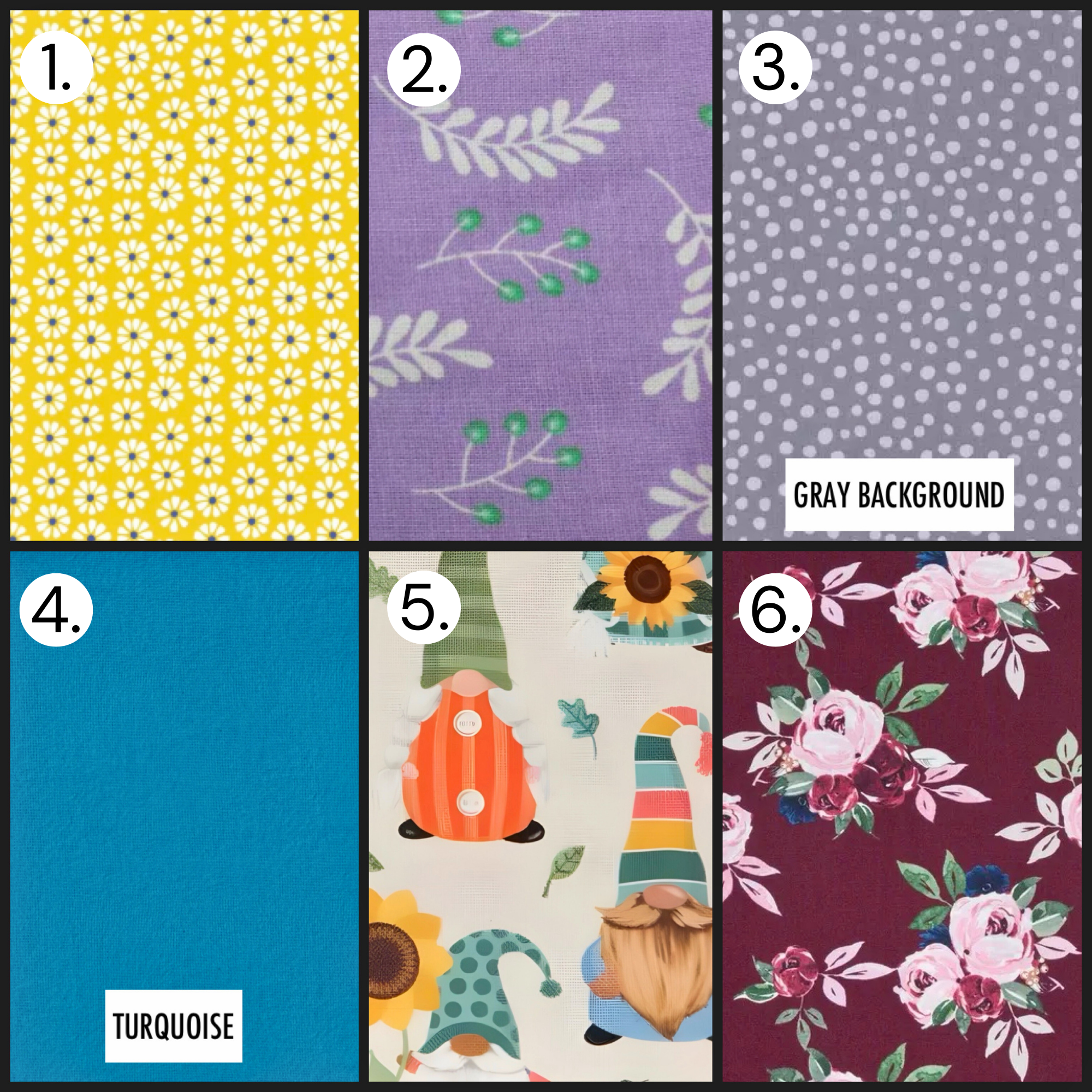 Fabric pattern grid with yellow mini florals, lavender botanicals, gray polka dots, solid turquoise, playful gnomes, and burgundy roses.
