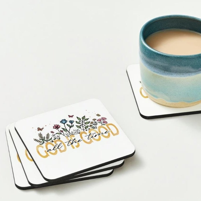 Set of 4 God is Good scripture coasters with coffee mug – Christian inspirational drinkware accessory