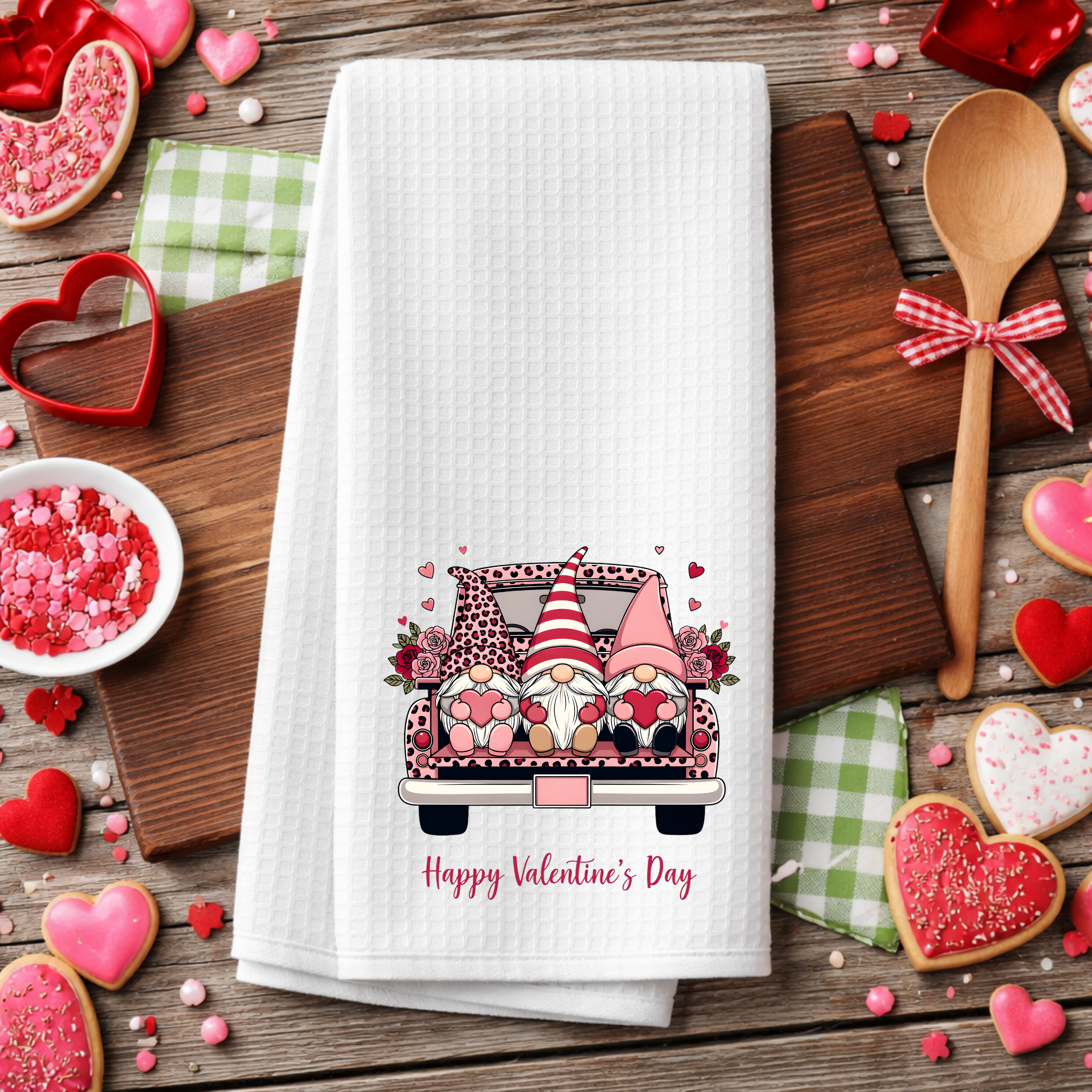 Valentine’s gnome truck kitchen towel flat lay on rustic wood with heart cookies and baking decor.