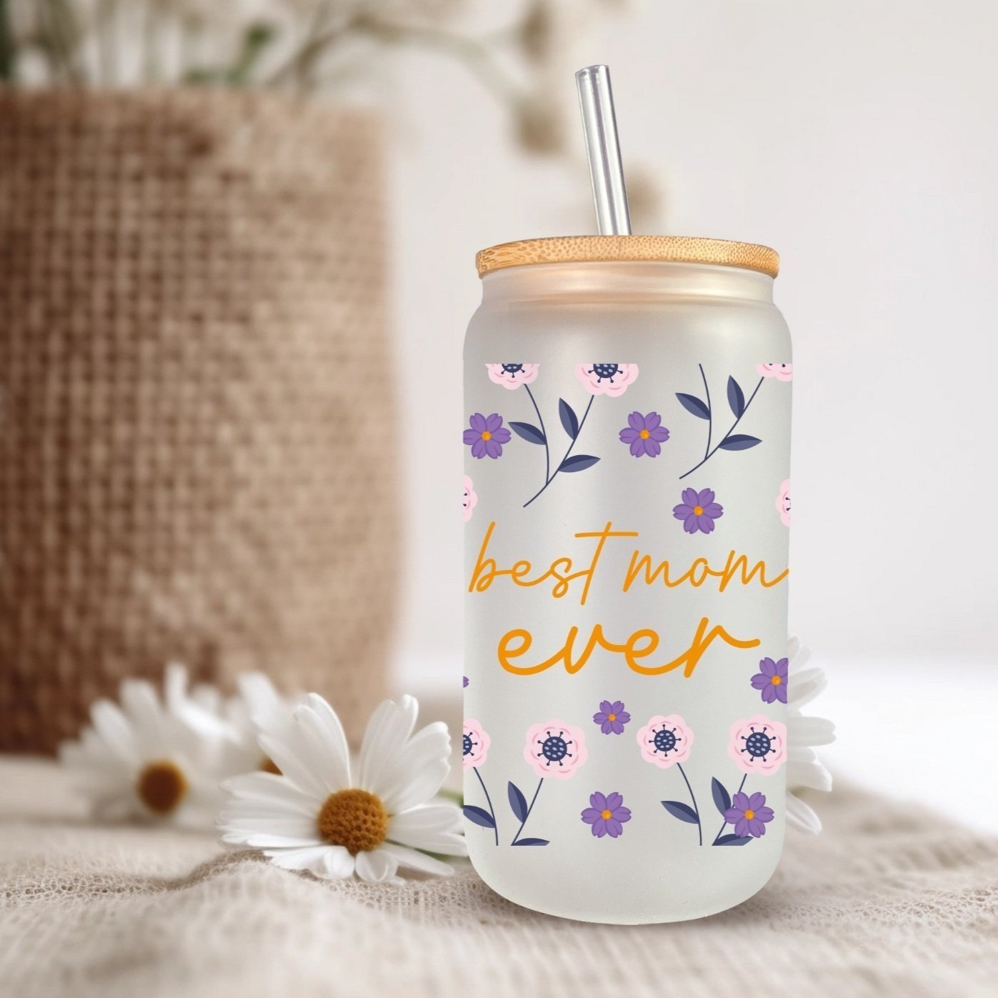Aesthetic floral 18oz frosted glass tumbler for iced coffee lovers, featuring a reusable bamboo lid and glass straw. (Copy) (Copy)