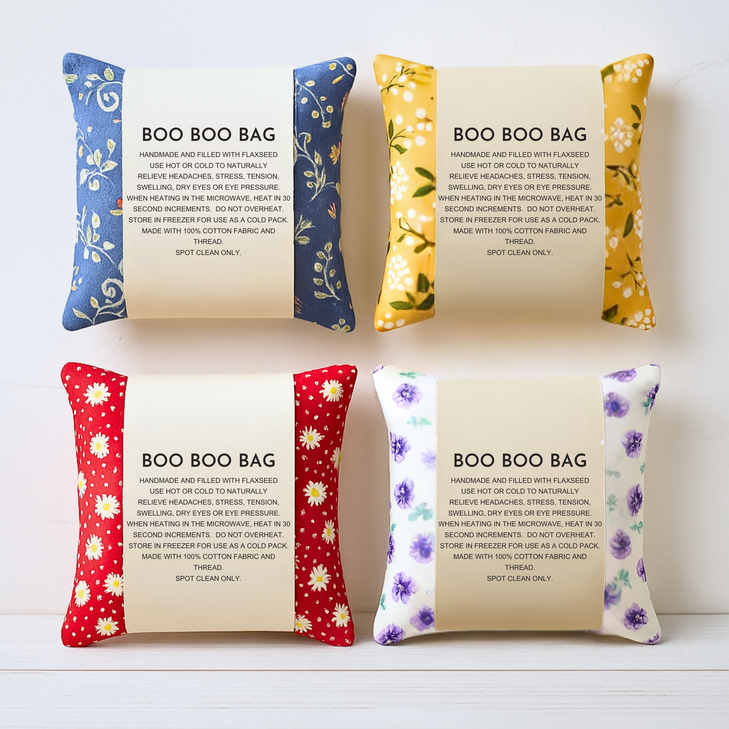 Floral boo boo bags in blue, yellow, red, and purple vintage patterns – handmade flaxseed therapy pillows for pain and tension relief.