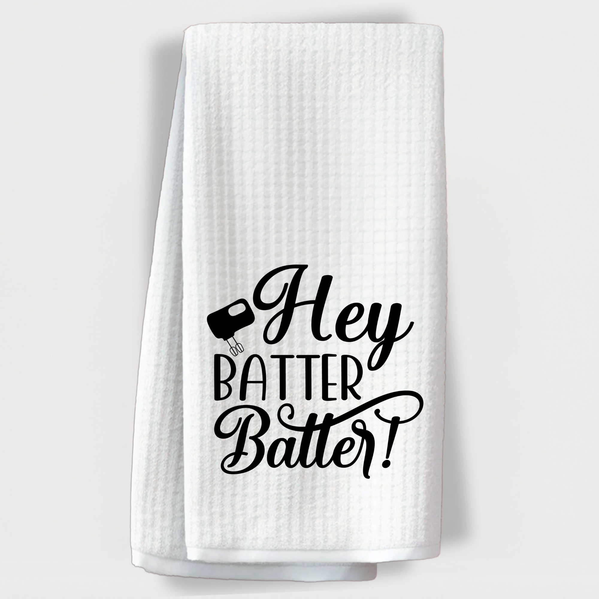 Funny baking-themed towel with 'Hey Batter Batter!' and a hand mixer graphic.