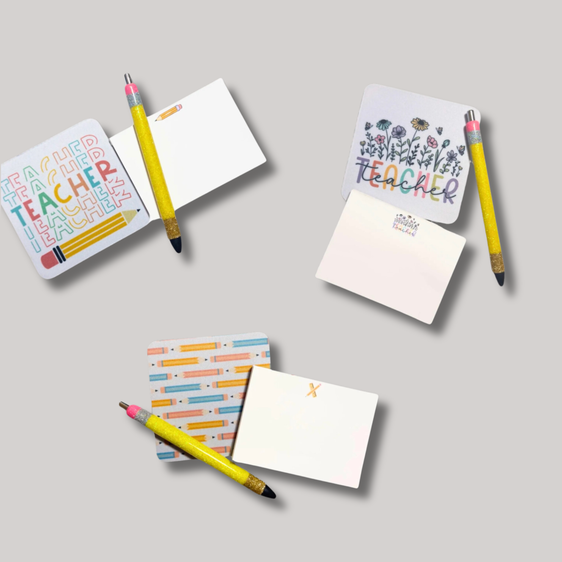 Colorful teacher notepad and coaster set featuring school-themed designs with an epoxy-free glitter gel pen. Ideal teacher thank-you gift
