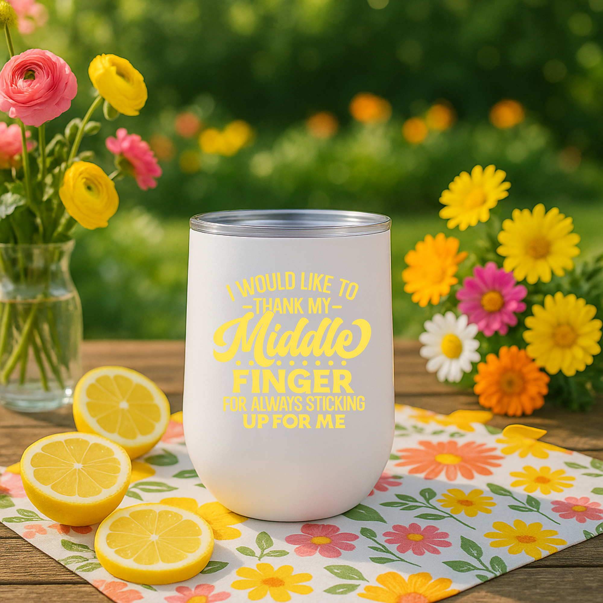 White wine tumbler with yellow funny quote, surrounded by lemons and bright flowers on a picnic table.