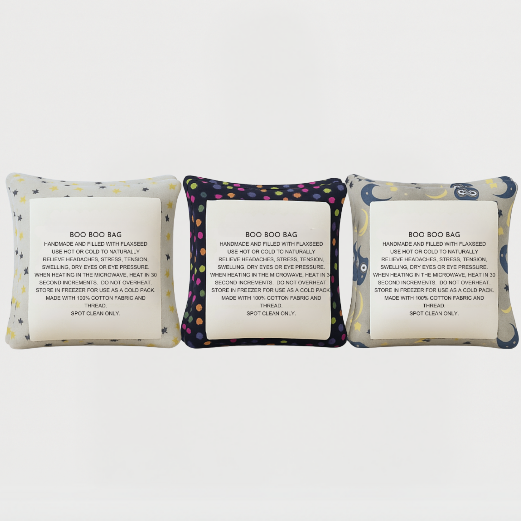 Star and moon-themed flaxseed boo boo bags with polka dots and galaxy prints – reusable cold or heat packs for stress and ache relief.