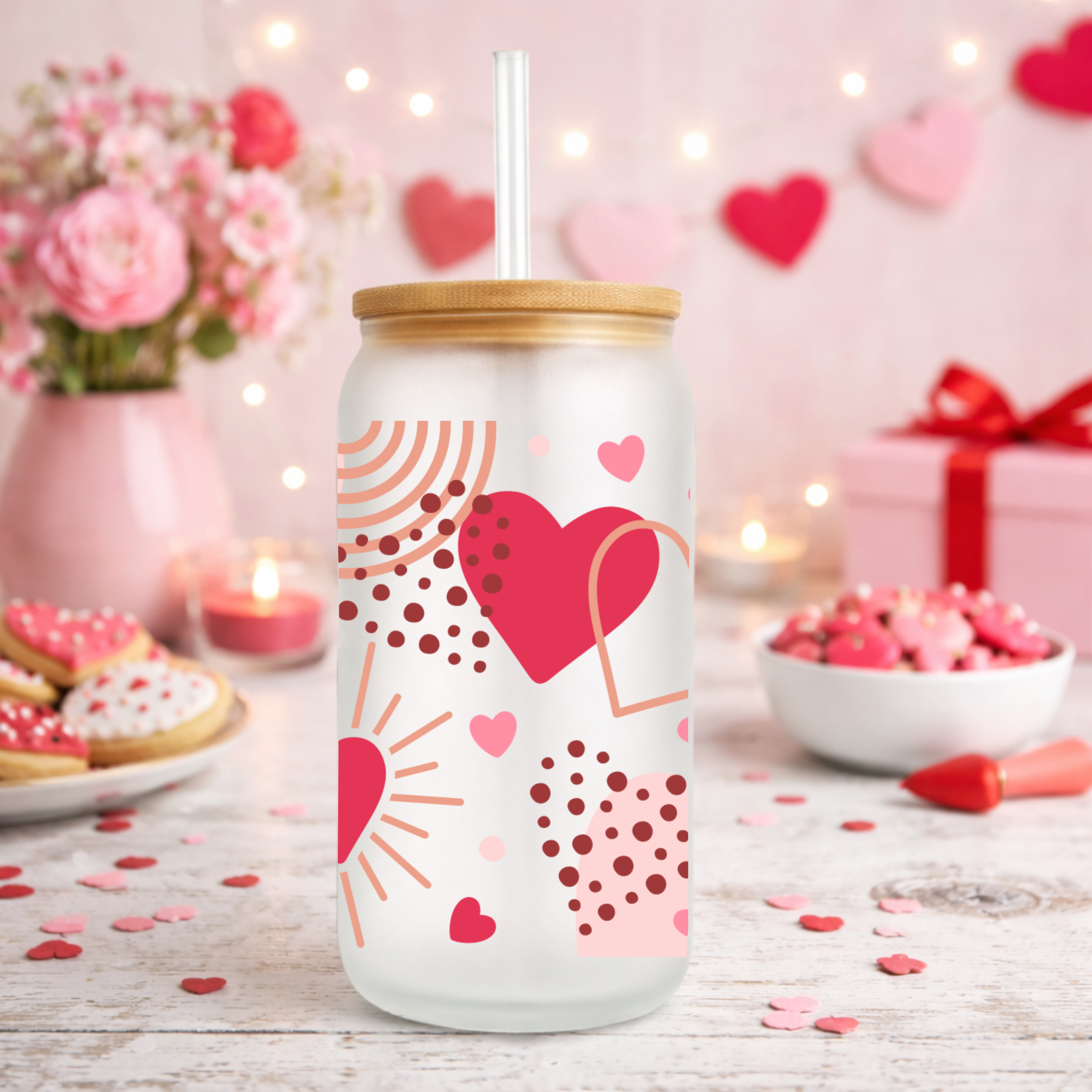Valentine frosted glass can cup with bamboo lid displayed in a cozy kitchen setting with cookies, candles, and pink Valentine decor.
