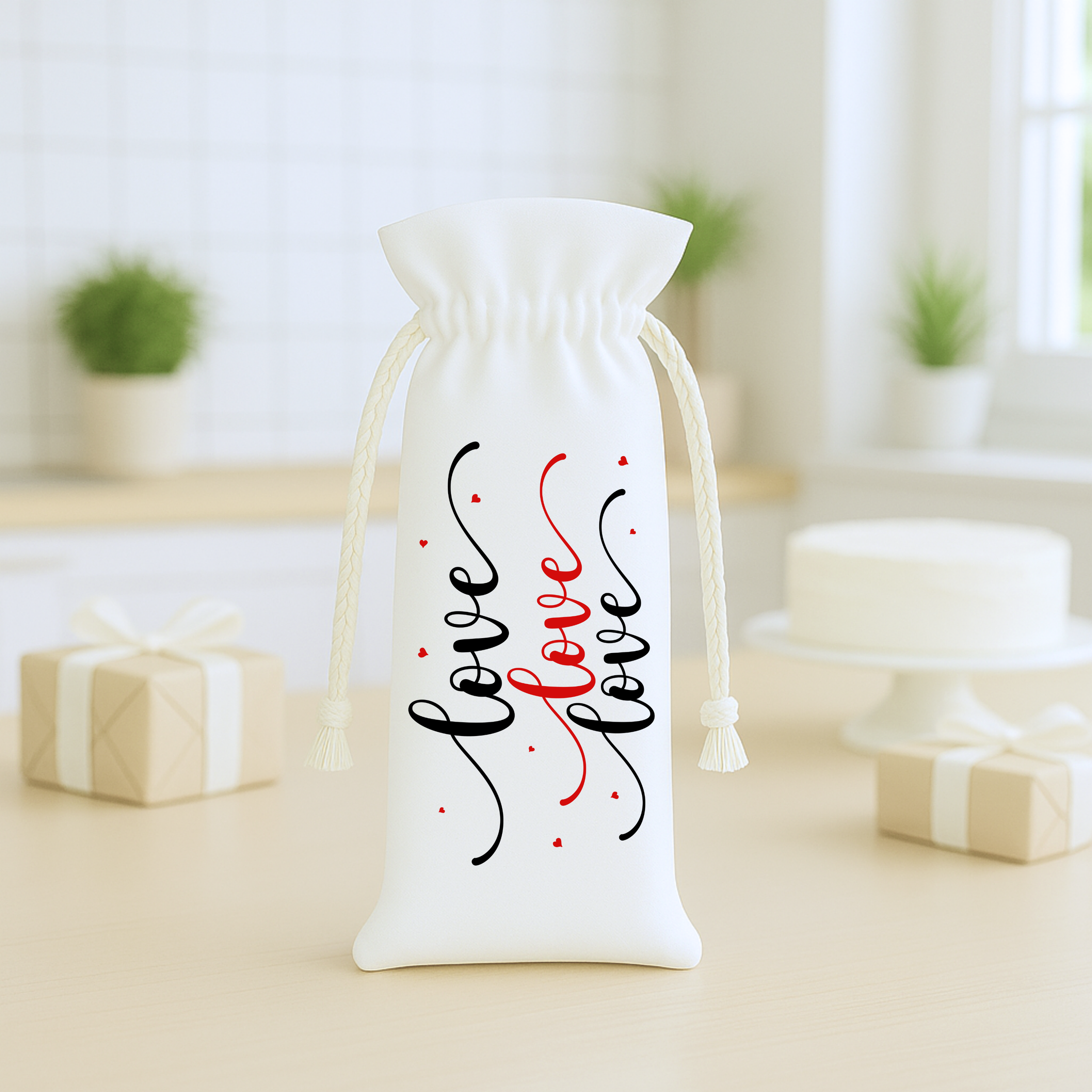 Love Love Love wine gift bag displayed in a modern bright interior with wrapped gifts and soft neutral styling, Valentine’s Day mockup