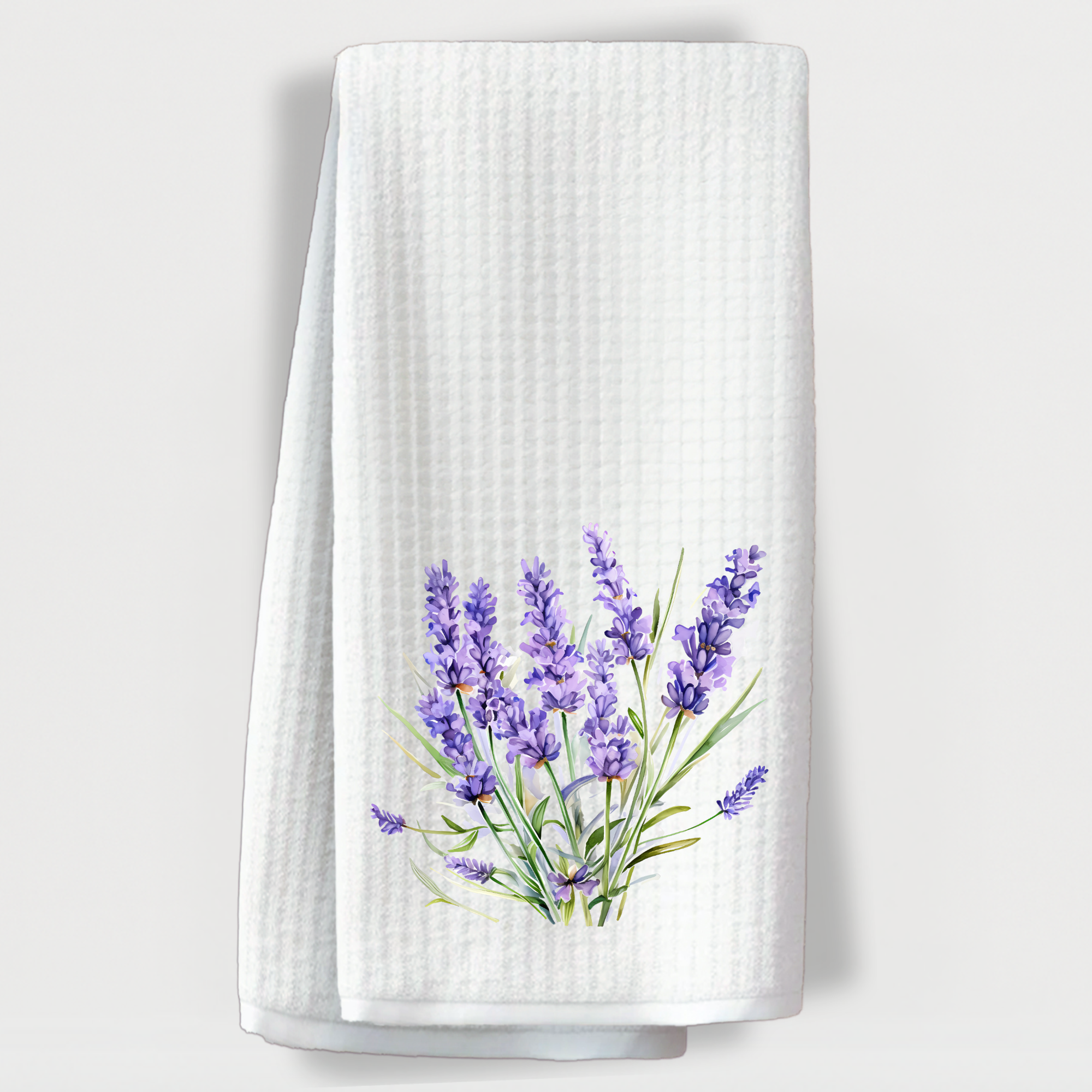 "Spring kitchen towel with a bunch of bright purple watercolor lavender flowers."