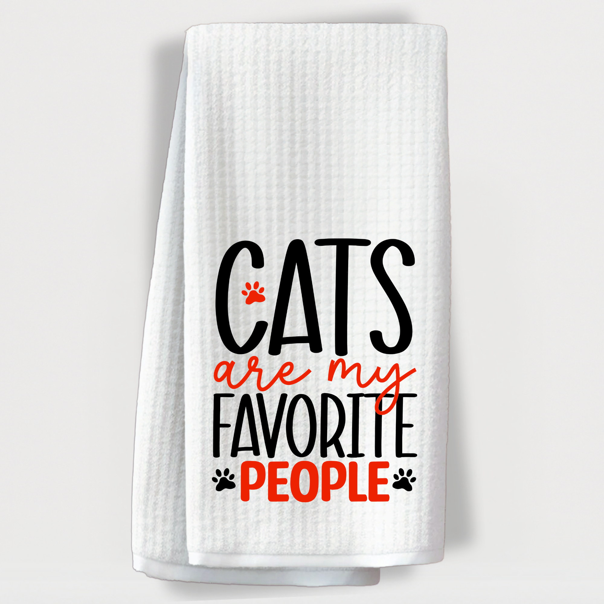 Pet-themed towel with playful typography reading 'Cats are my favorite people' in black and red