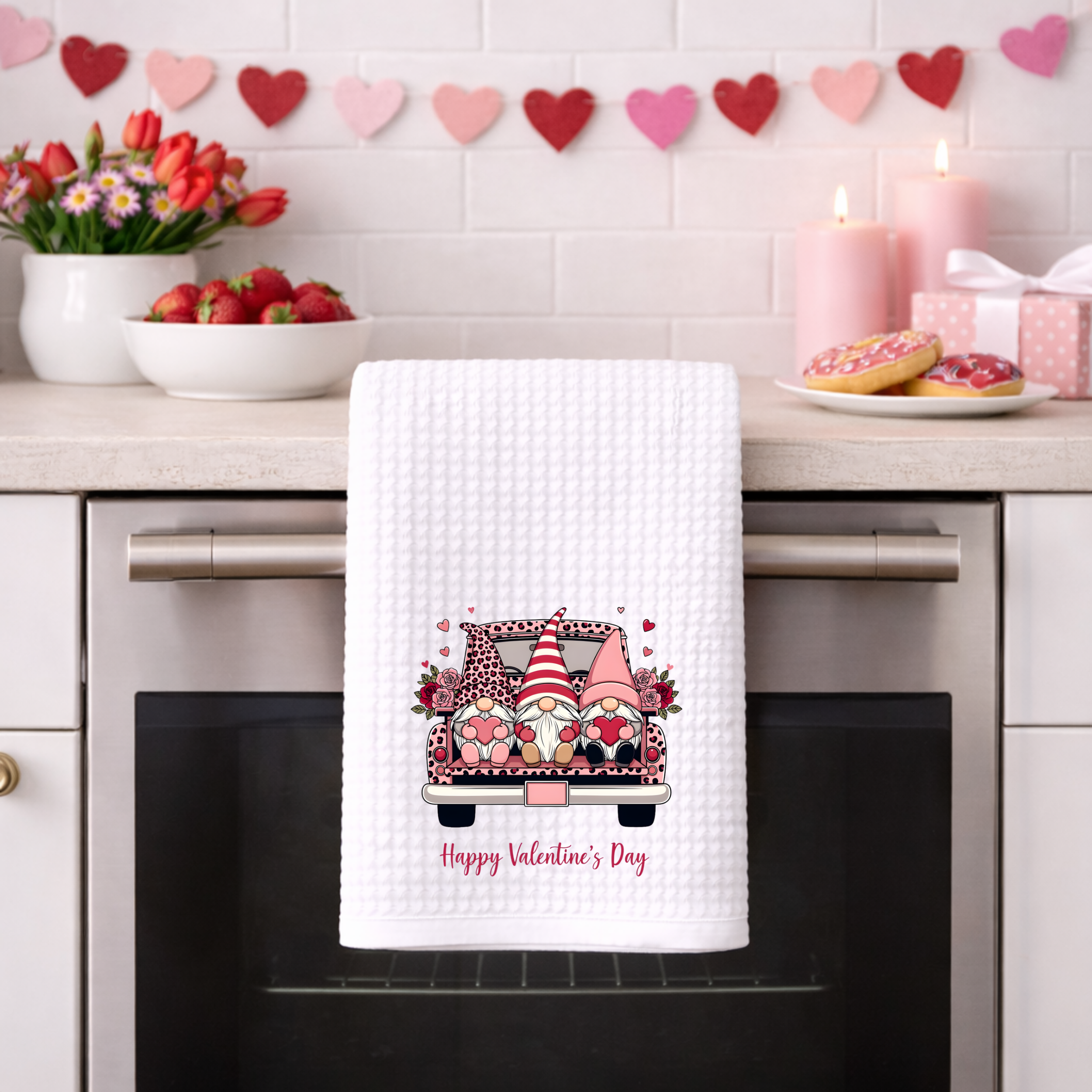 Valentine’s gnome truck kitchen towel hanging on an oven handle with heart decor and pink candles.