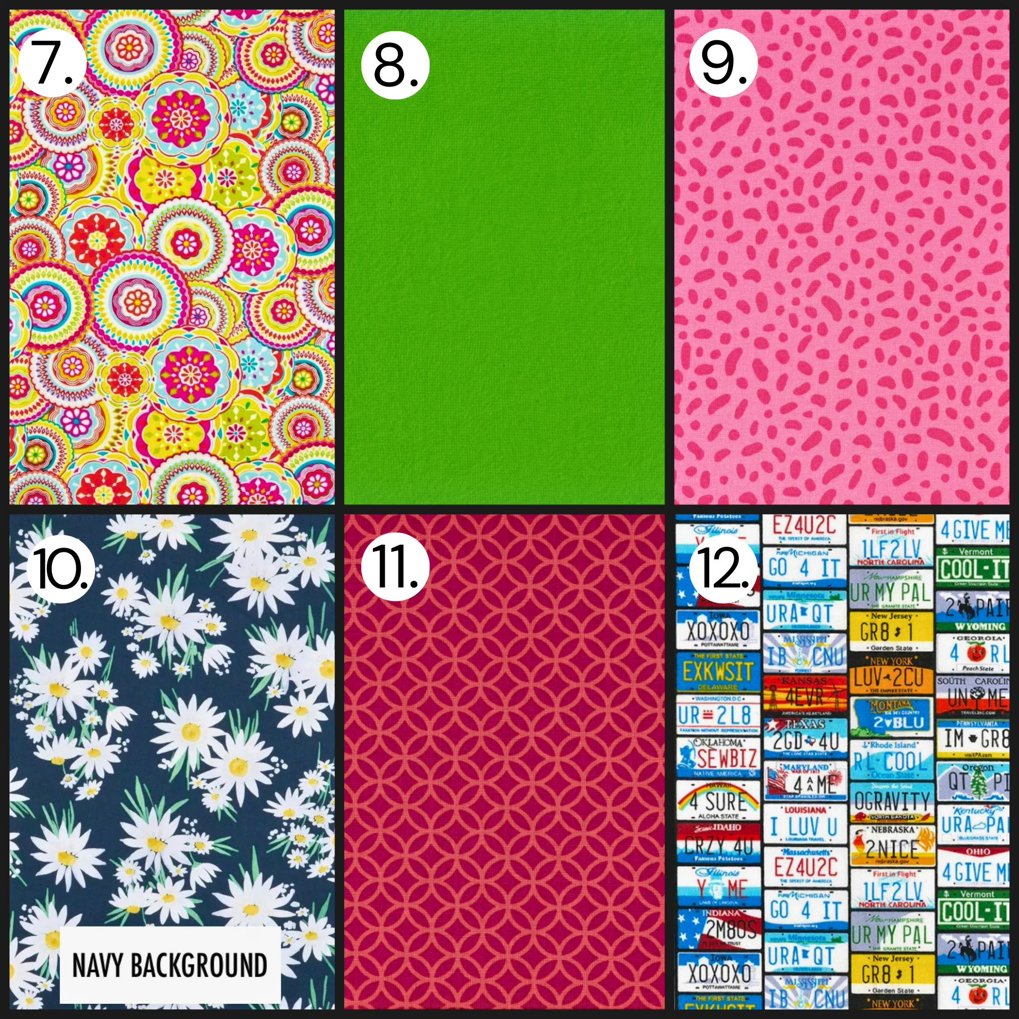 Fabric pattern grid featuring mandala florals, solid green fabric, pink abstract dots, navy daisy florals, red geometric circles, and vintage license plate prints.