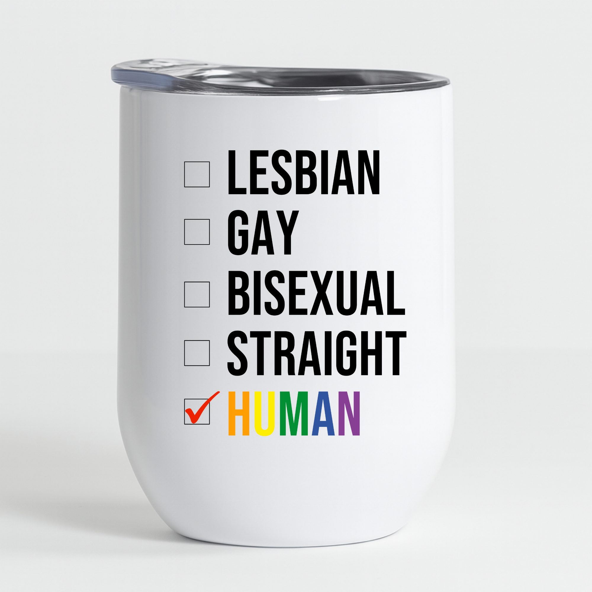 White insulated wine tumbler with "Radiate Kindness" design, lid, and straw – Motivational stainless steel tumbler for coffee, wine, and travel.