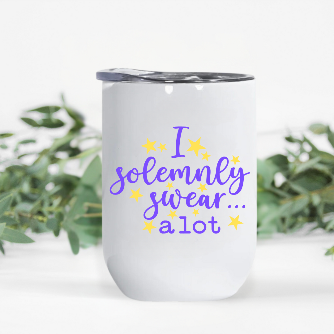 Purple and yellow customized wine tumbler with a fun quote, BPA-free, shatterproof, and designed for hot or cold drinks, great birthday gift for her.