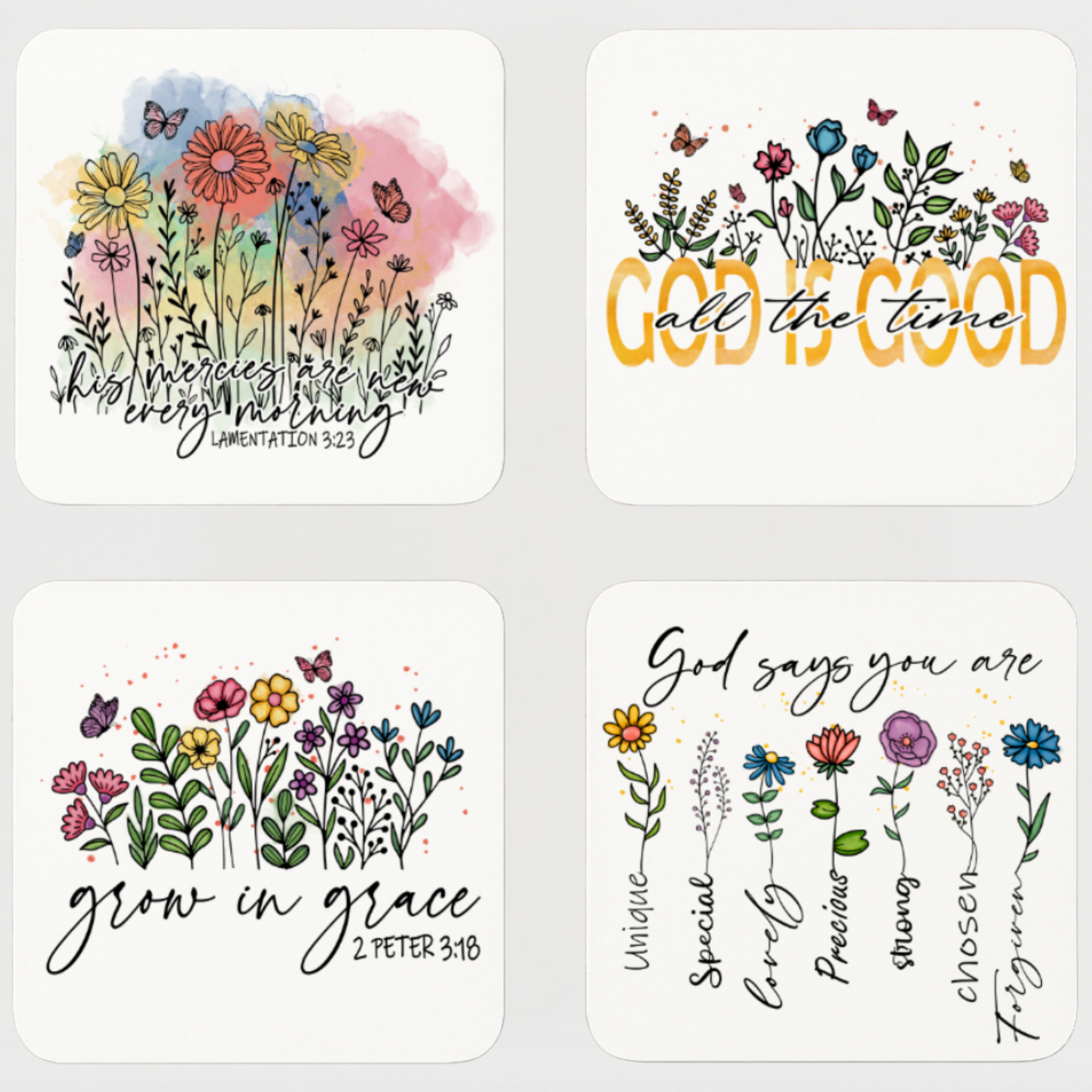Set of four faith-based coasters with floral art and uplifting Bible verses in colorful script.