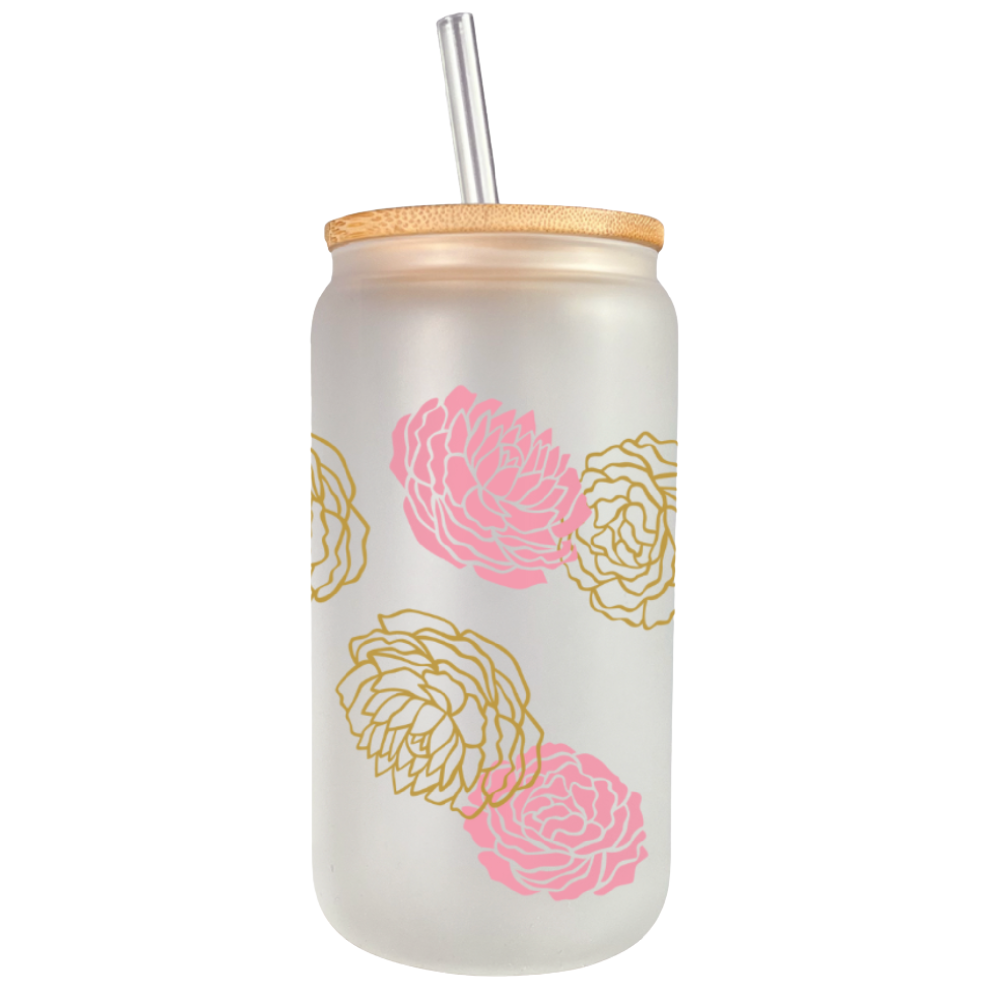 Frosted glass can tumbler with delicate pink and gold floral design and bamboo lid.