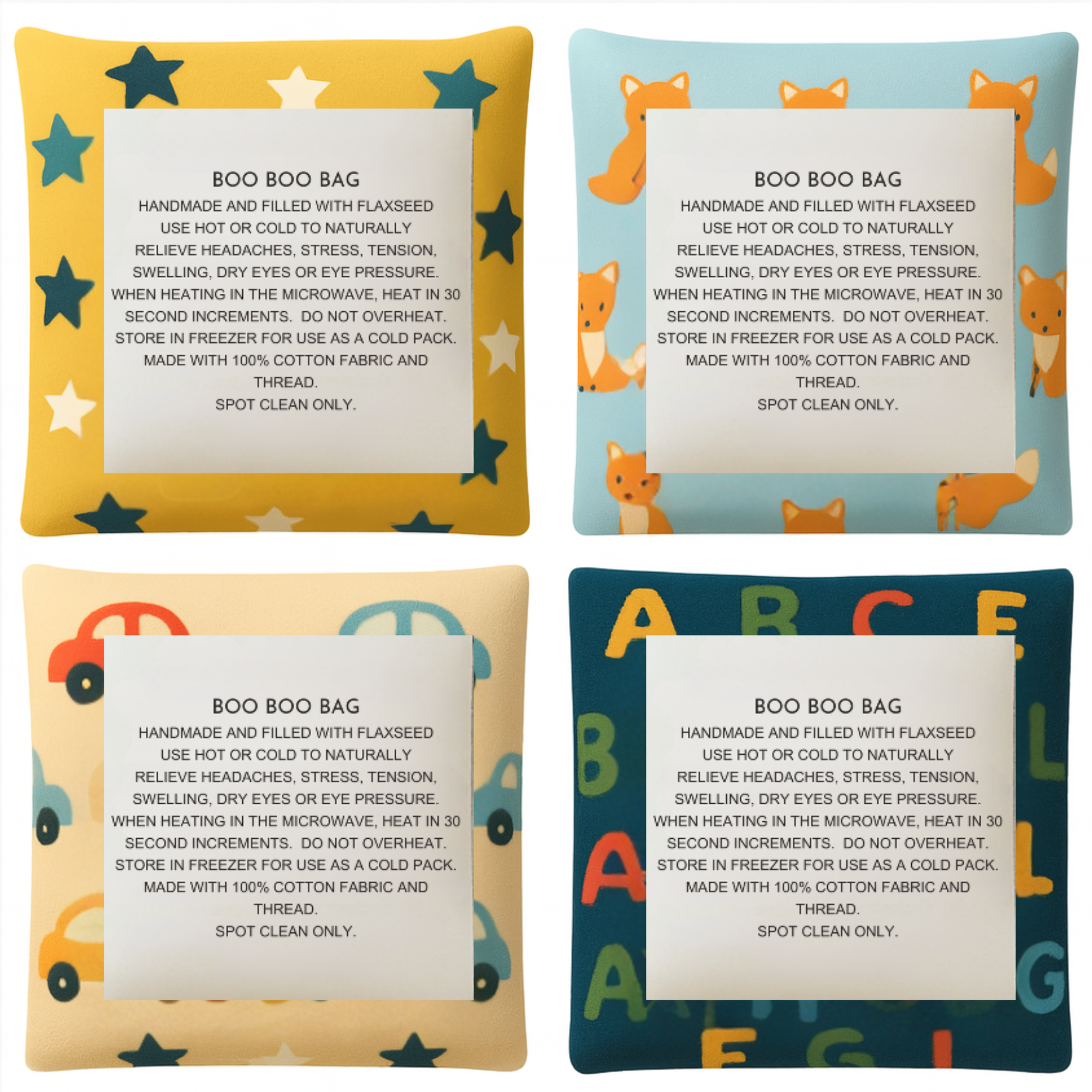 Set of four handmade flaxseed boo boo bags featuring kid-friendly designs—stars, foxes, cars, and alphabet—perfect for hot or cold comfort relief.