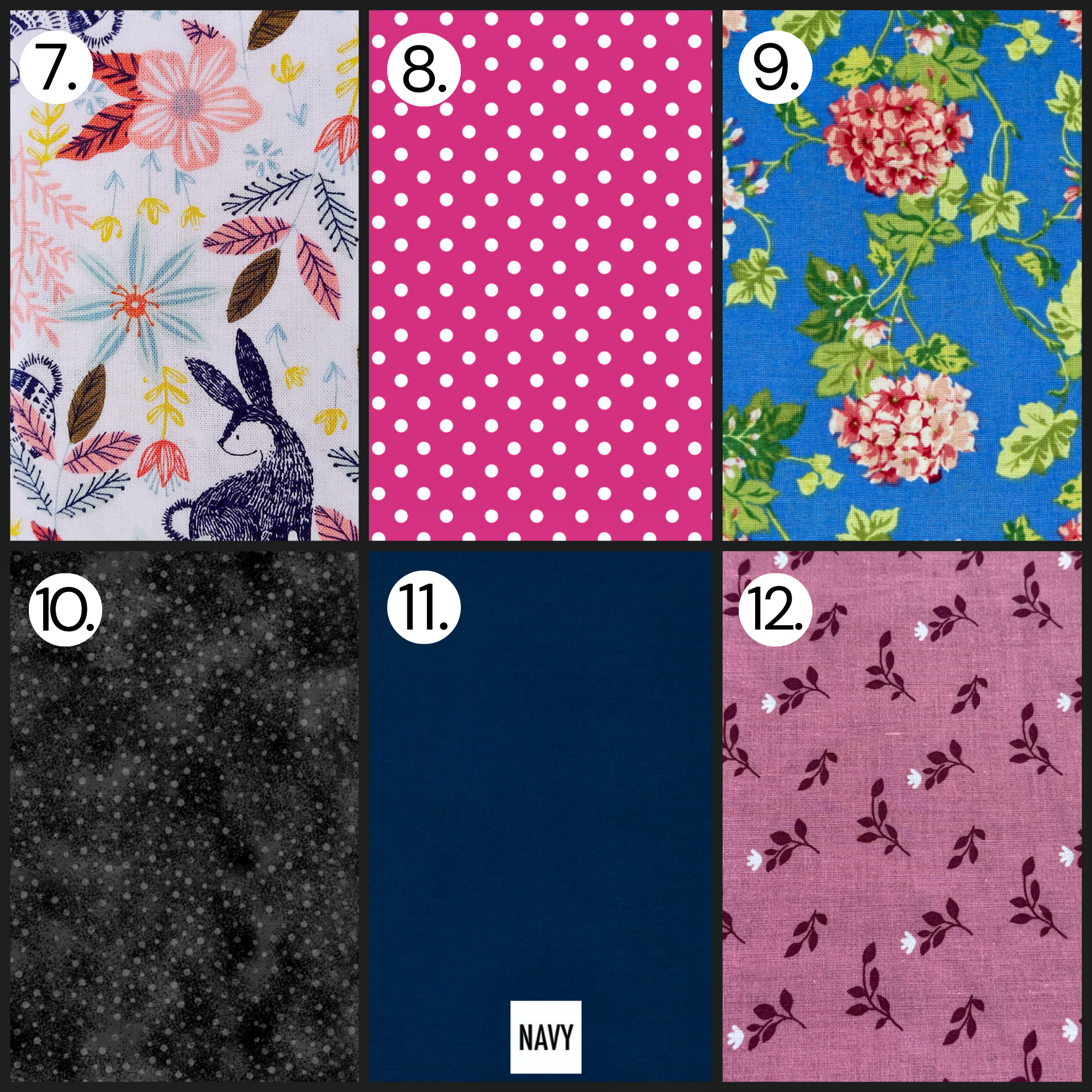 Fabric pattern grid featuring whimsical florals, pink polka dots, blue hydrangeas, dark texture prints, solid navy fabric, and mauve leaf designs.