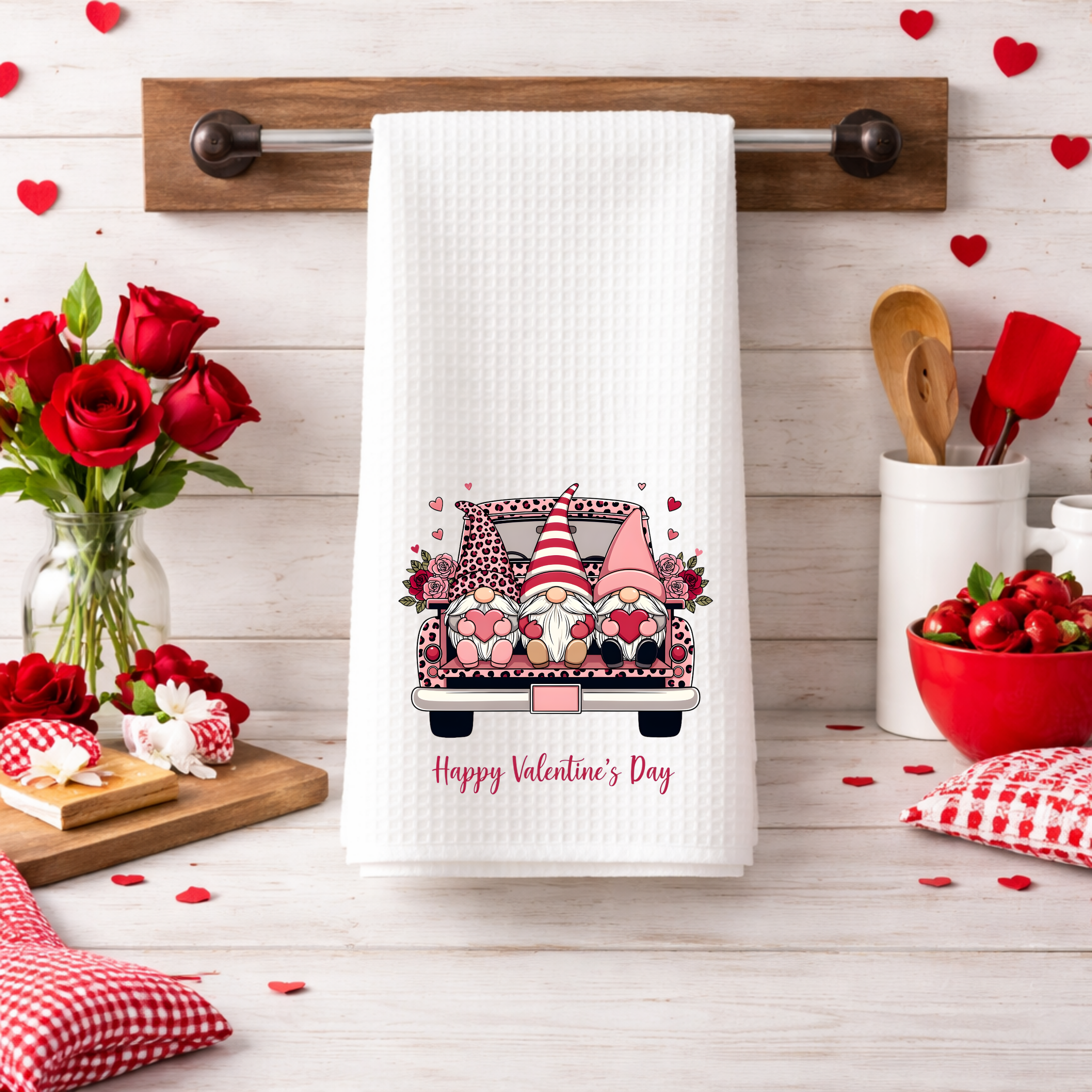 Valentine’s gnome truck kitchen towel hanging on a rustic wall rack with red roses and decor.