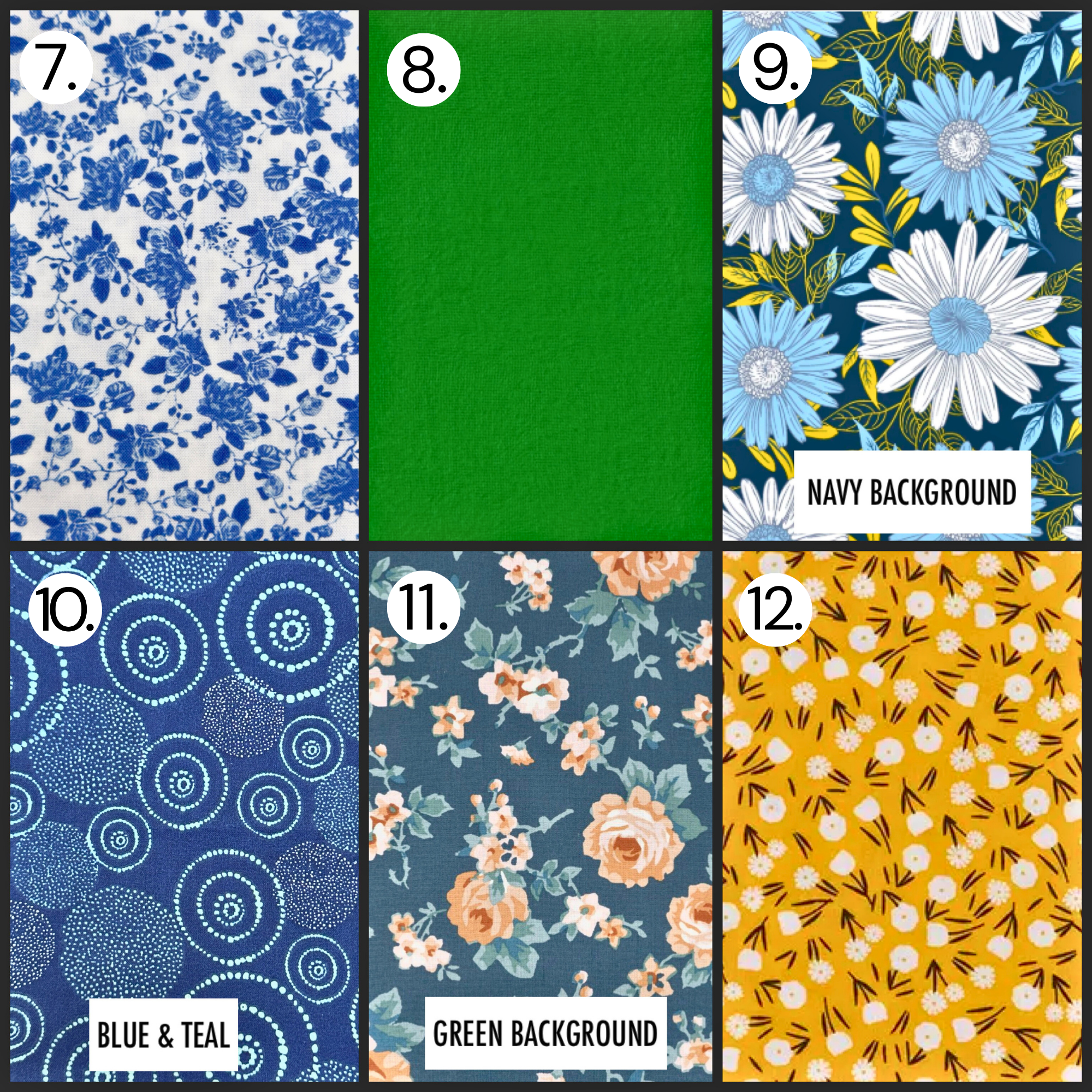 Fabric pattern grid with blue florals, solid green, navy daisies, dot circles, soft roses, and mustard botanicals.