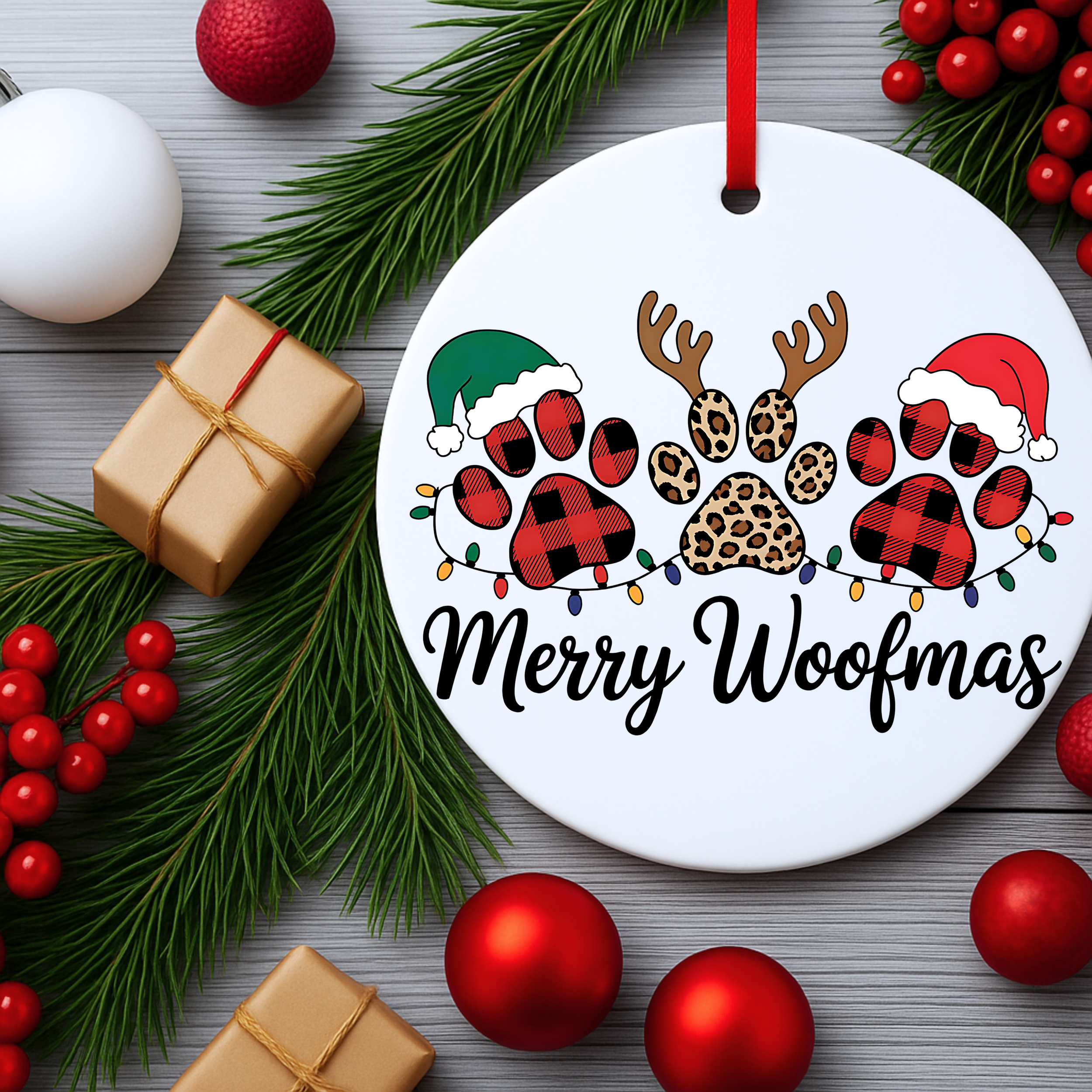 Merry Woofmas dog Christmas ornament flat lay with pine branches, red ornaments, and wrapped gifts.