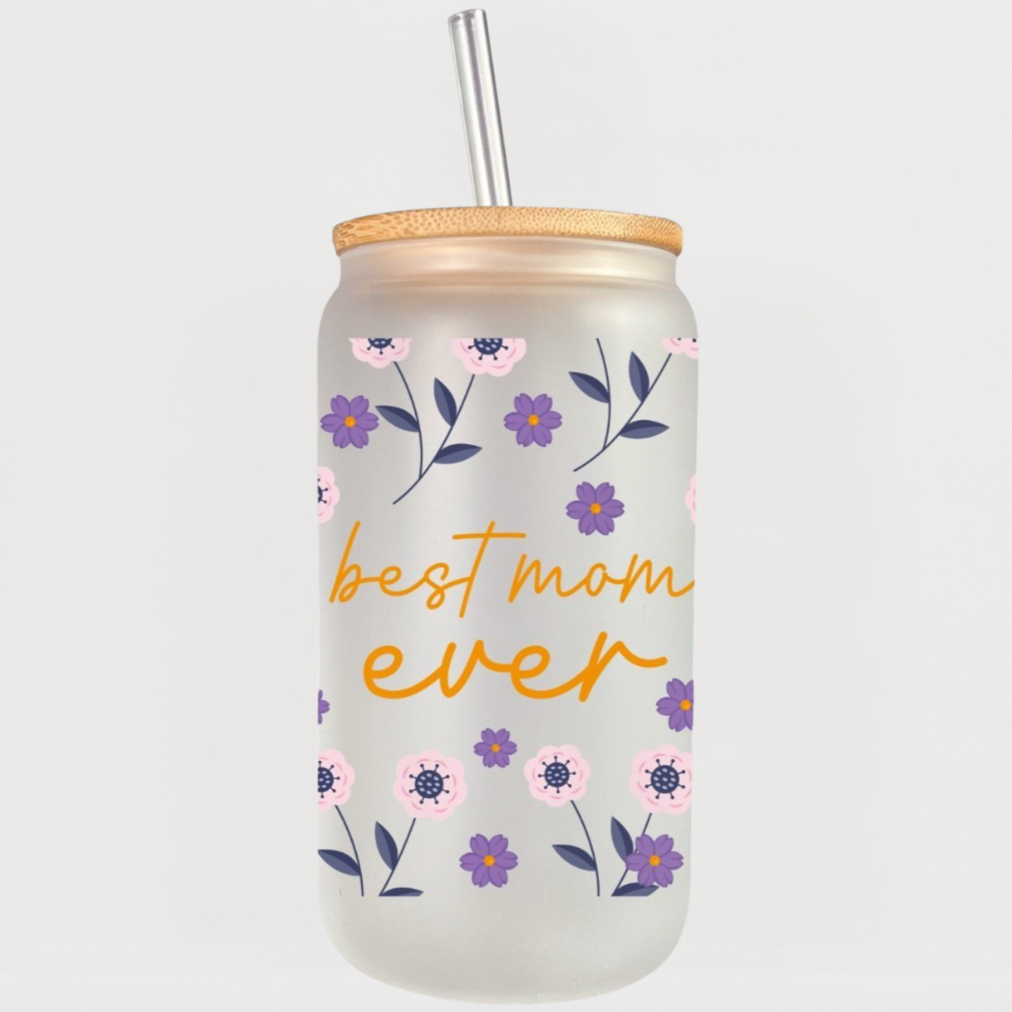 Floral mom tumbler with purple and pink flowers and orange script text saying “best mom ever”.