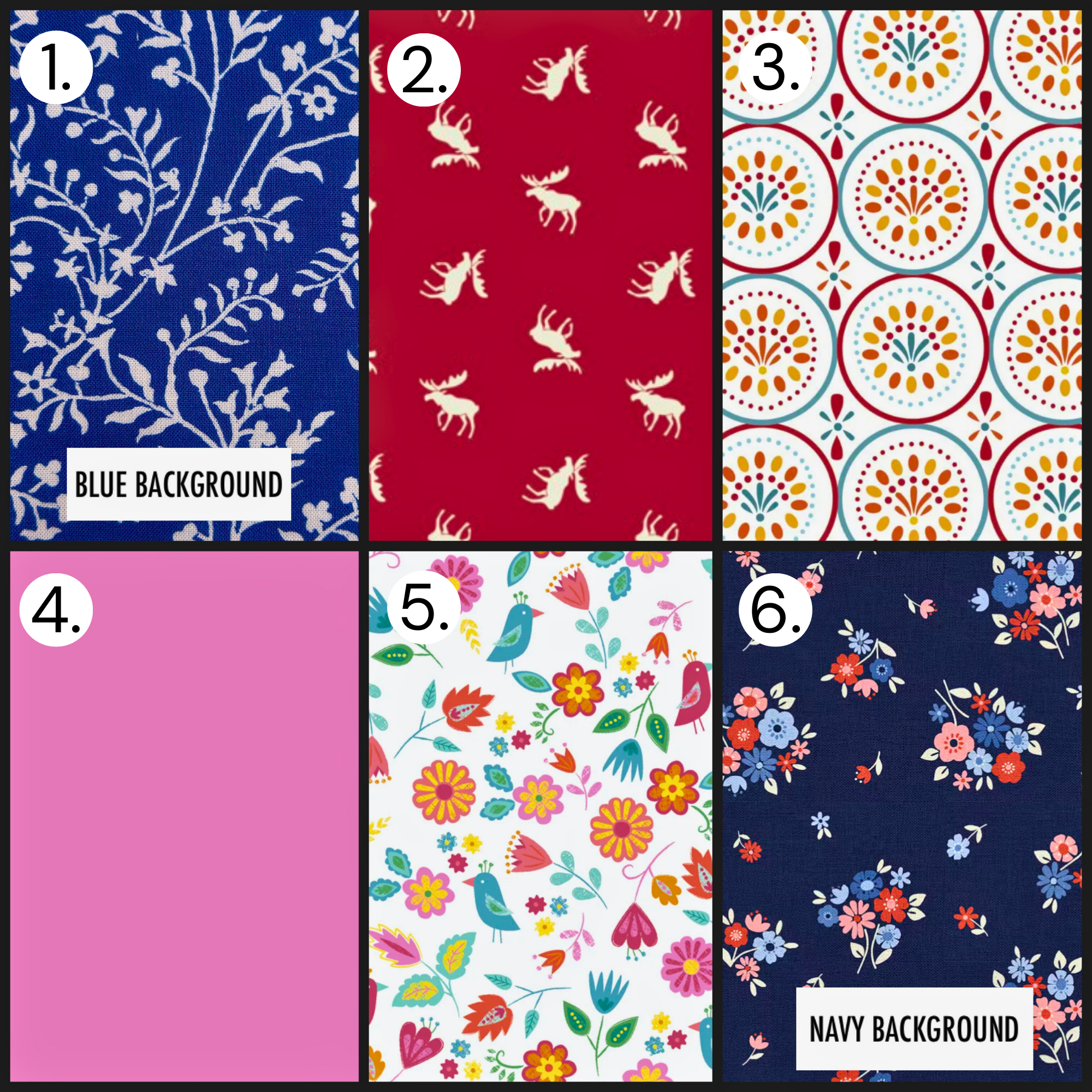 Fabric pattern grid featuring navy floral prints, red moose motifs, colorful geometric circles, solid pink, folk florals, textured gold, and botanical designs for handmade gift projects.