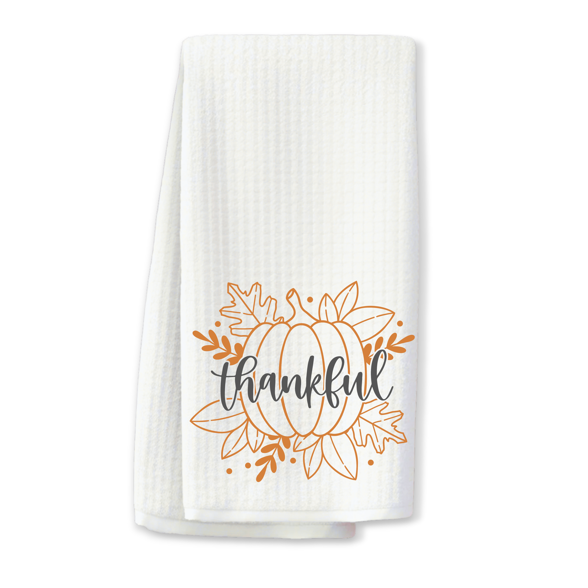 Folded fall kitchen towel with pumpkin and thankful design, farmhouse holiday decor.