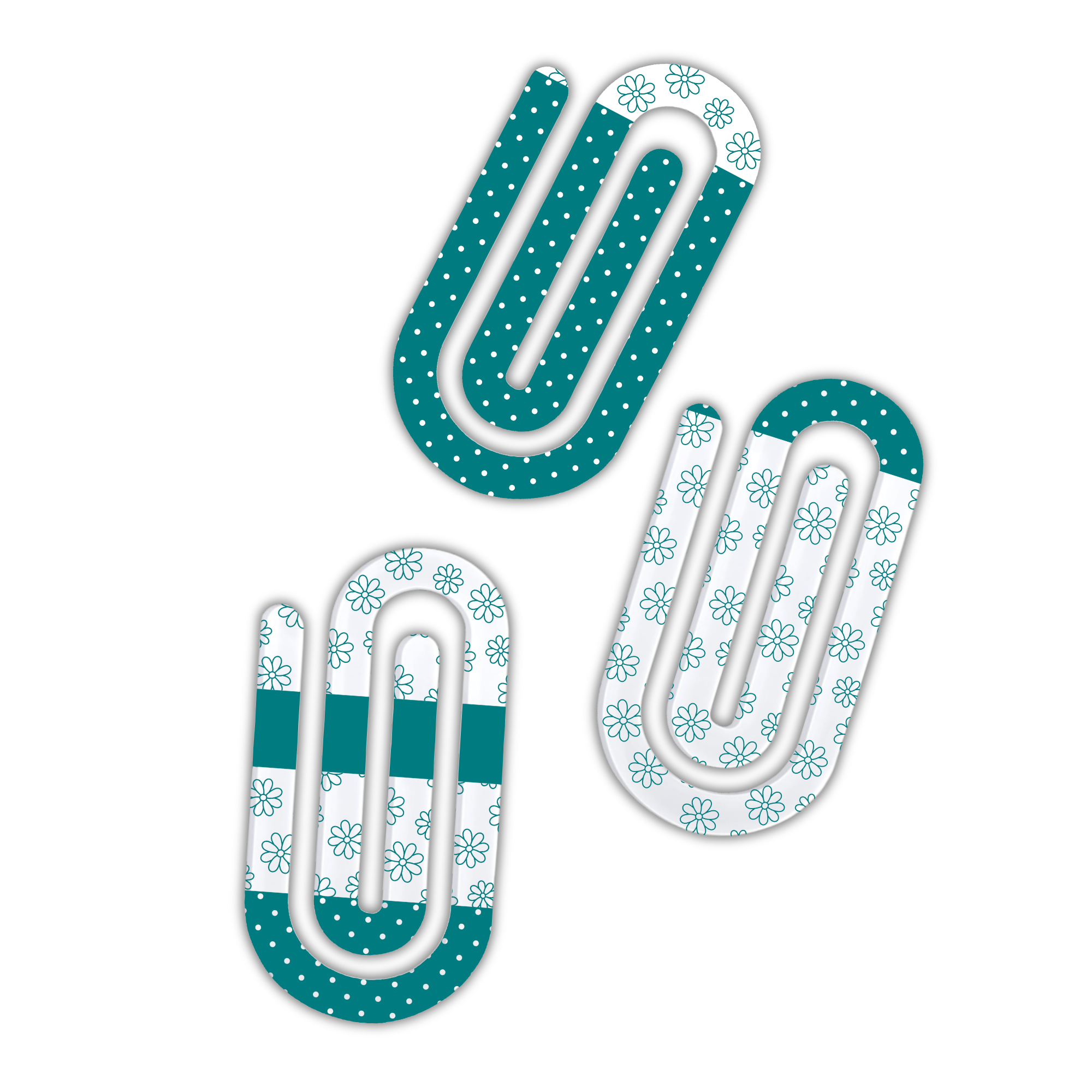 Teal jumbo paperclips with floral and polka dot designs displayed on a white background.