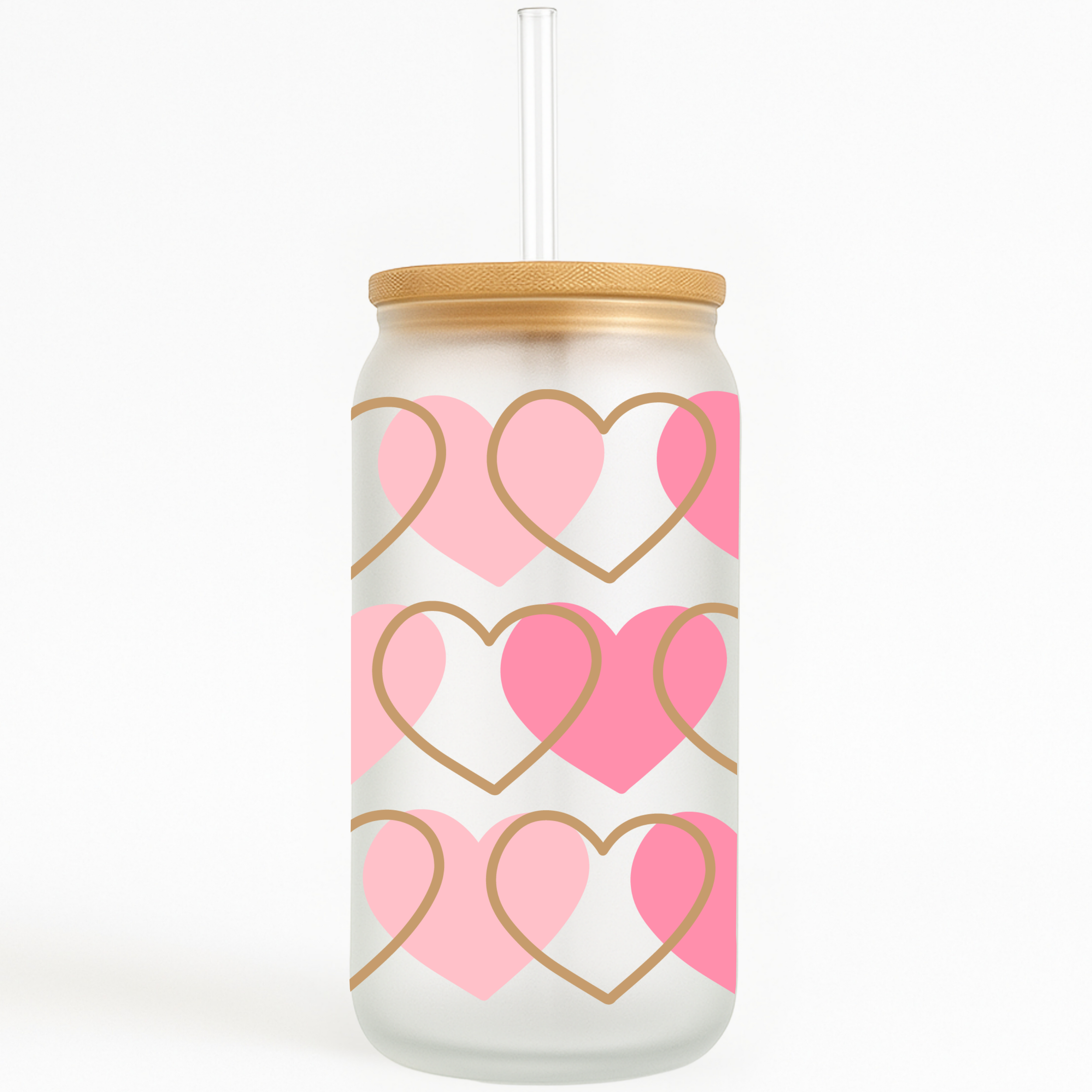 Pink & Gold Hearts 16oz Frosted Glass Can Tumbler