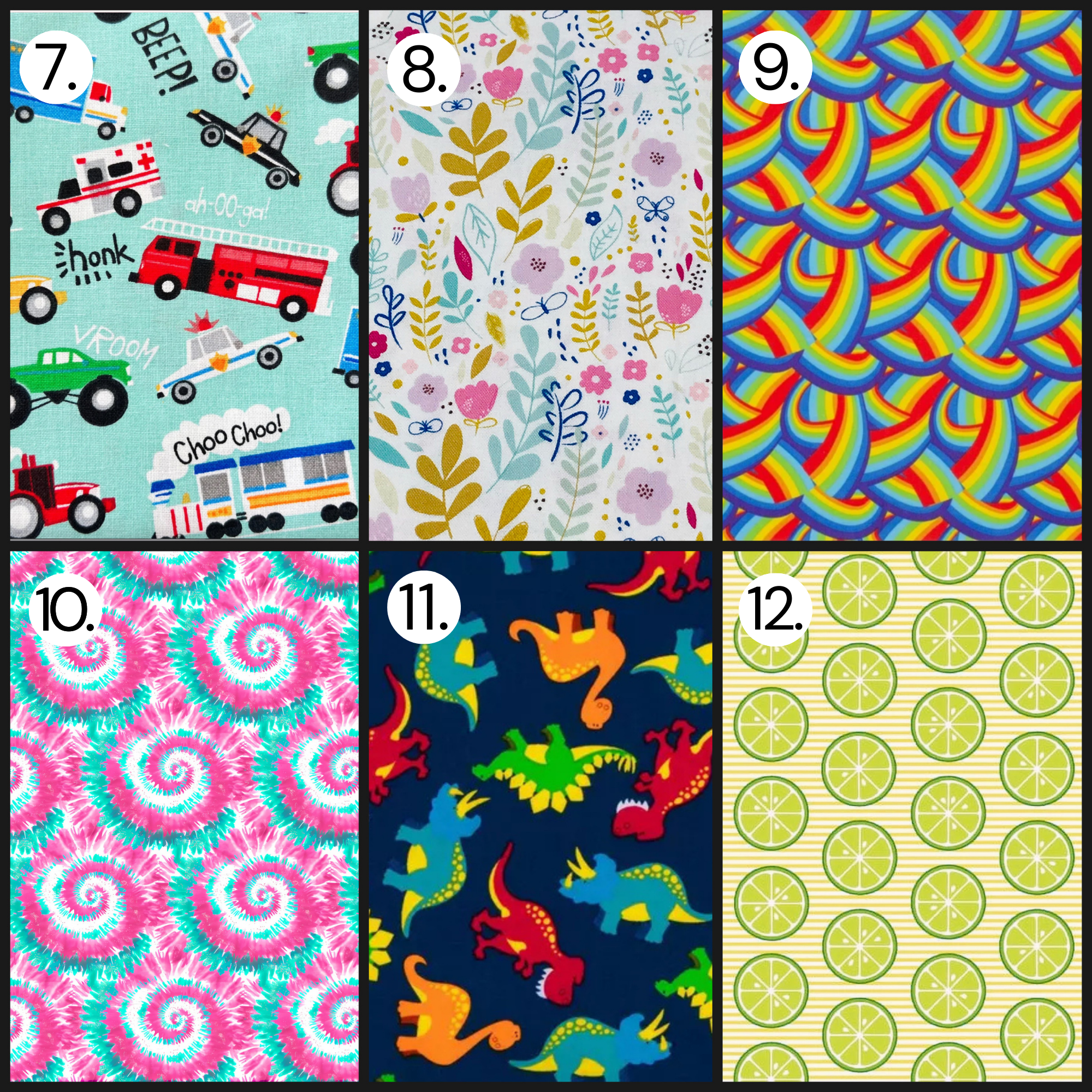 Fabric selection grid showing vehicles, florals, rainbow scales, tie dye swirls, dinosaurs, and citrus fruit patterns.