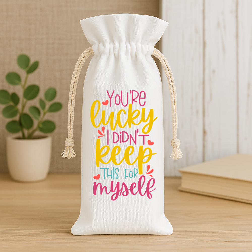 Vibrant wine gift bag with colorful lettering, funny saying for wine lovers, reusable and eco-conscious wine packaging.
