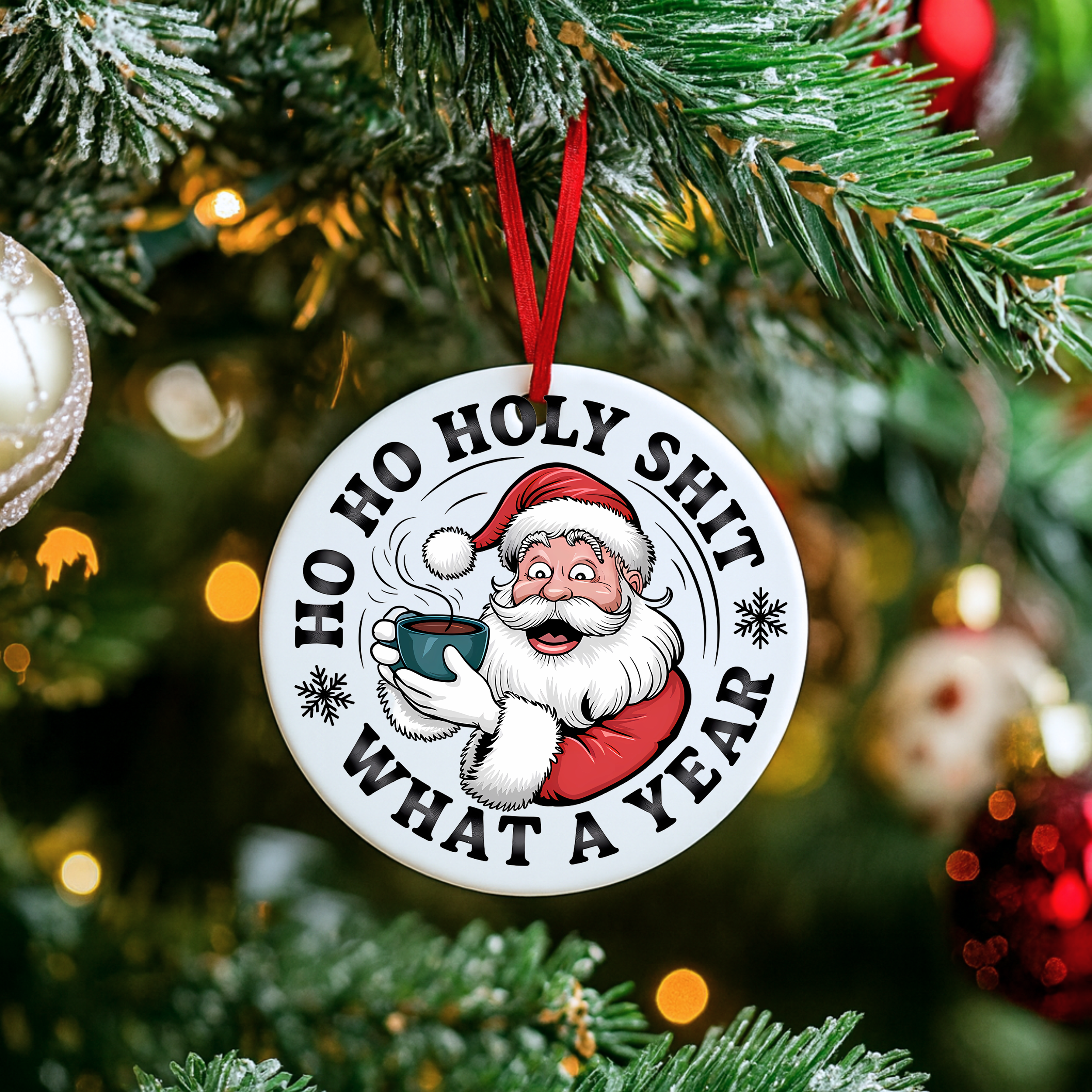 Funny Santa Christmas ornament hanging on a frosted evergreen branch with holiday lights.