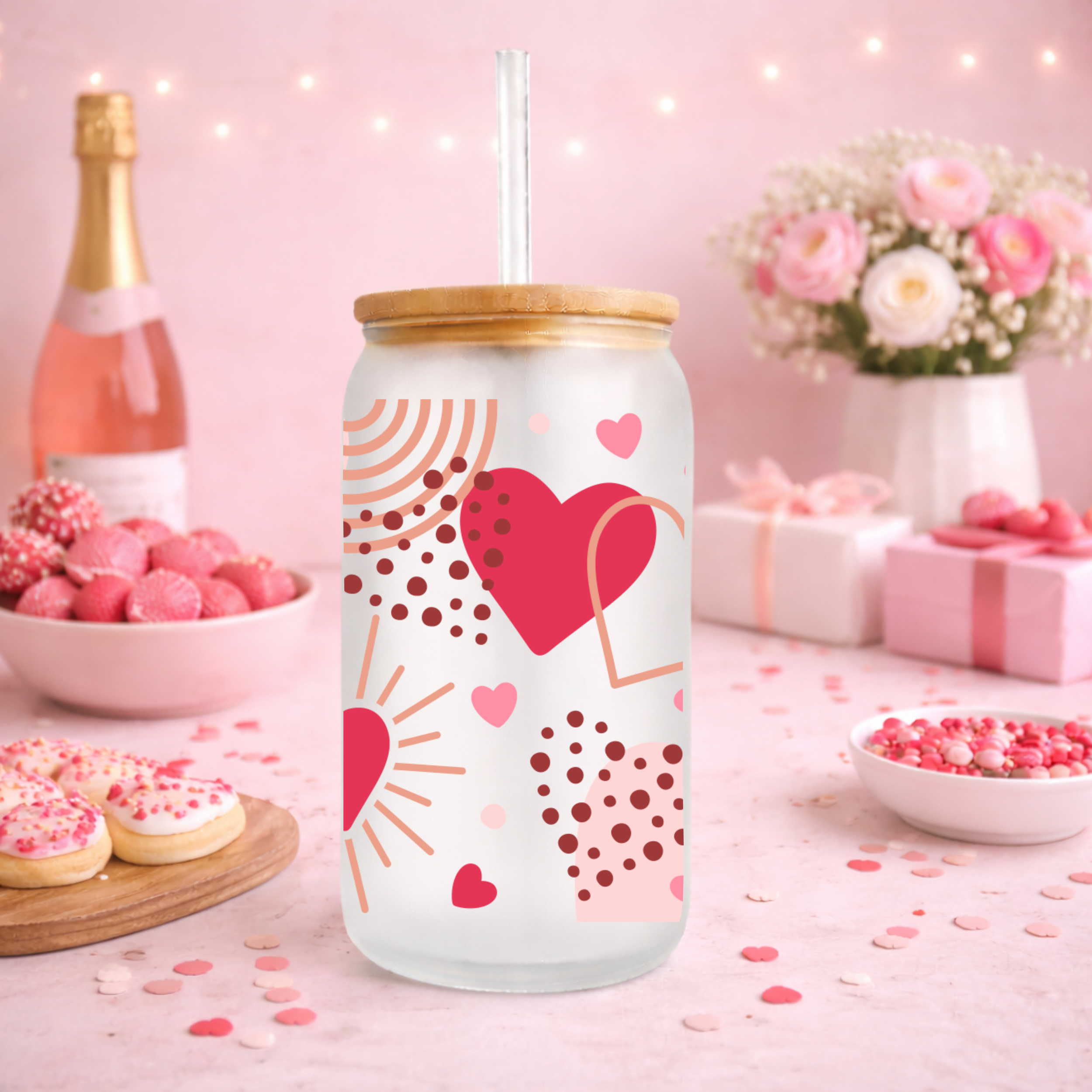 Valentine themed frosted glass can cup with bamboo lid styled with pink gifts, champagne, and Valentine treats.