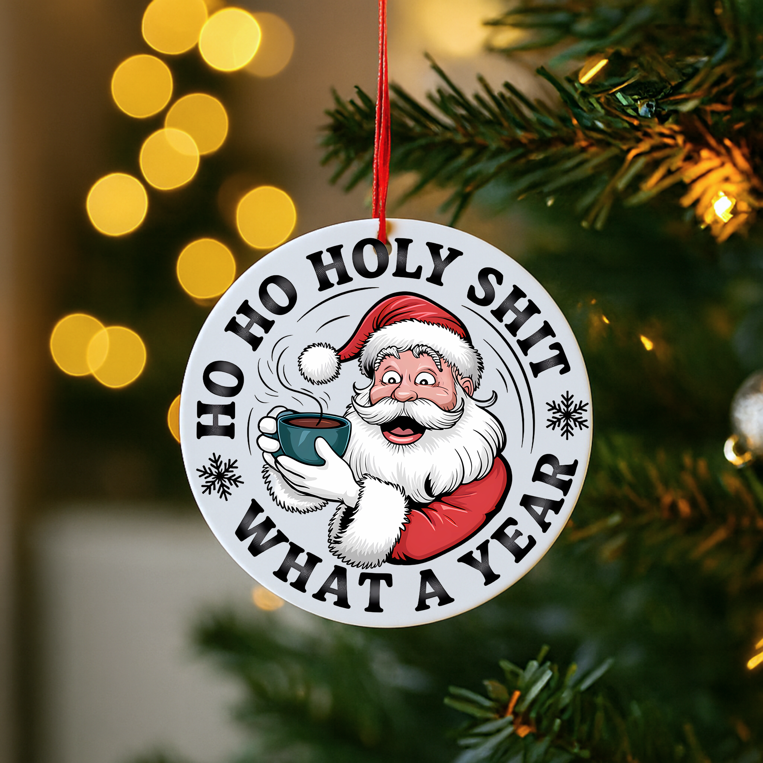 Adult humor Santa Christmas ornament hanging on a tree with blurred golden holiday lights.