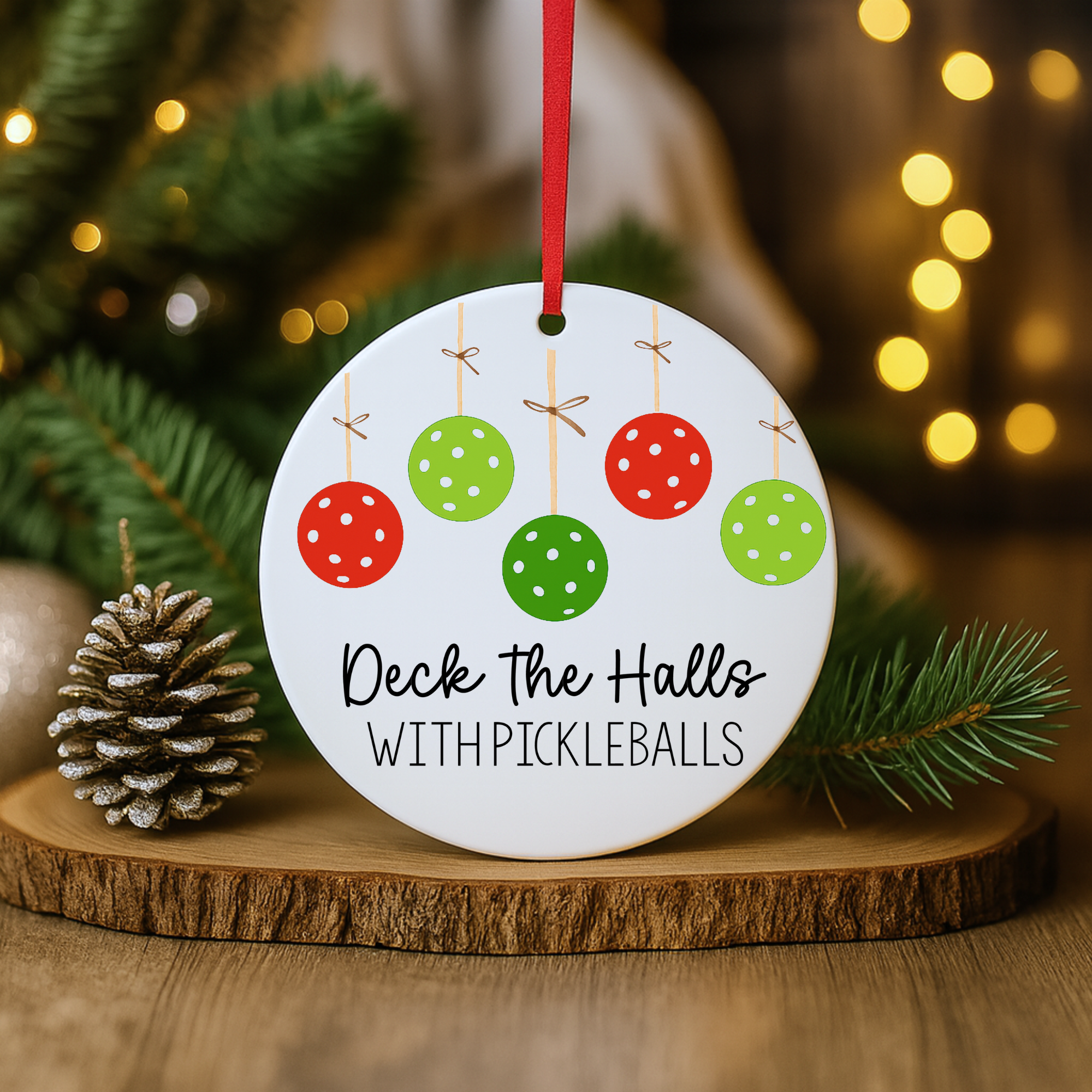 “Deck the Halls pickleball ornament resting on a wood slice with Christmas lights and greenery in the background.”