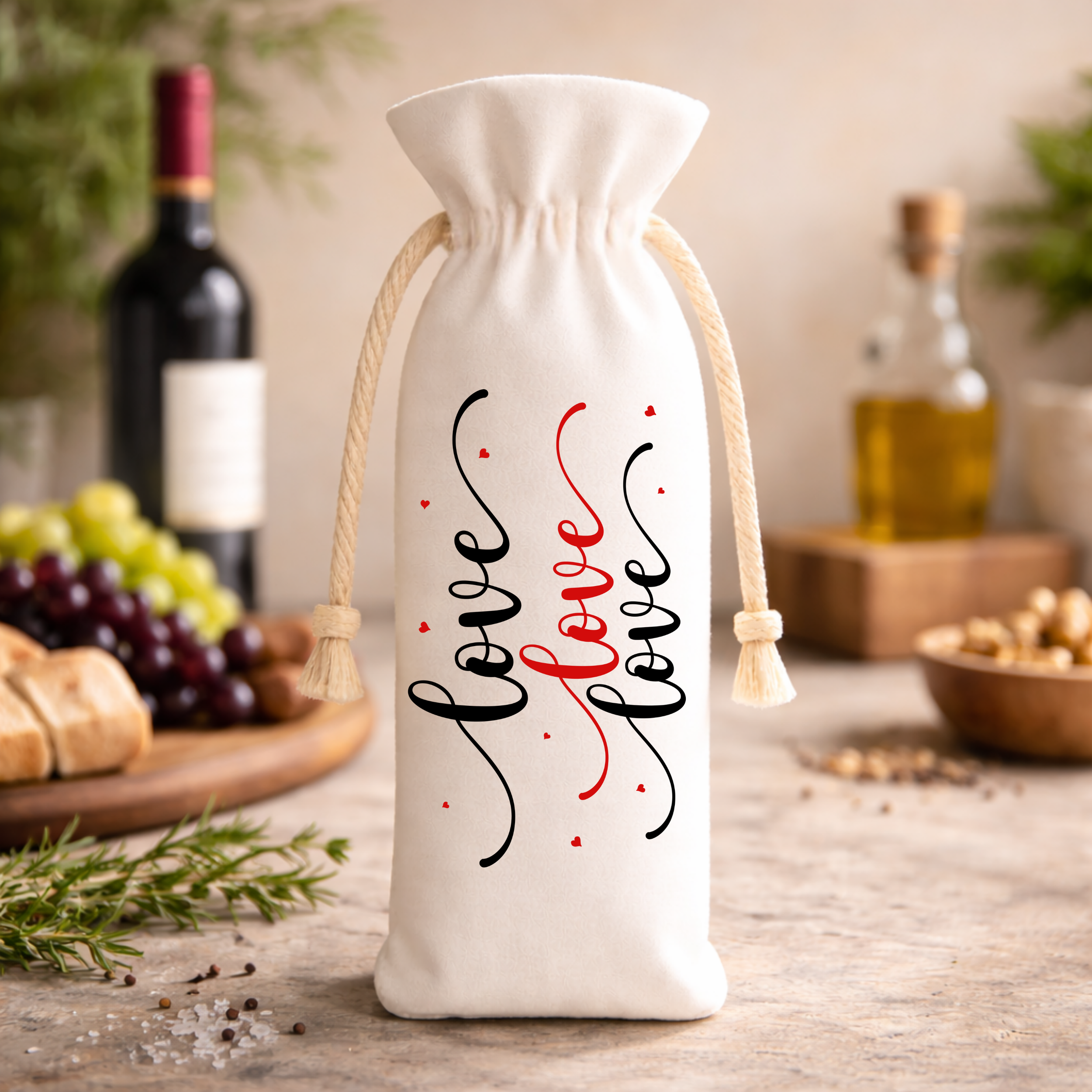 Love Love Love reusable wine bag styled on a rustic table with wine bottle, bread, herbs, and warm tones, romantic gift mockup