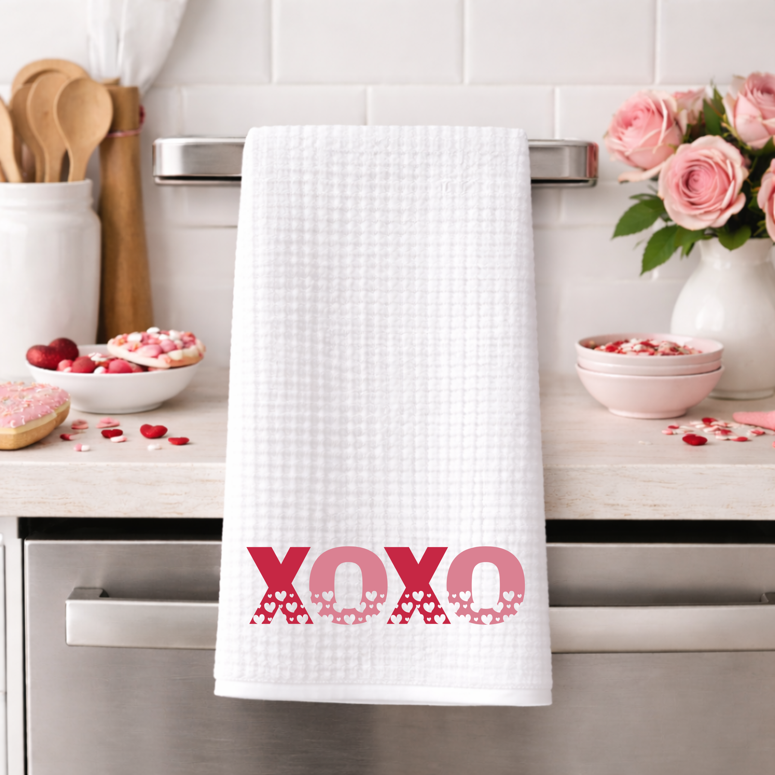 XOXO Valentine’s Day dish towel hanging on oven handle in decorated kitchen