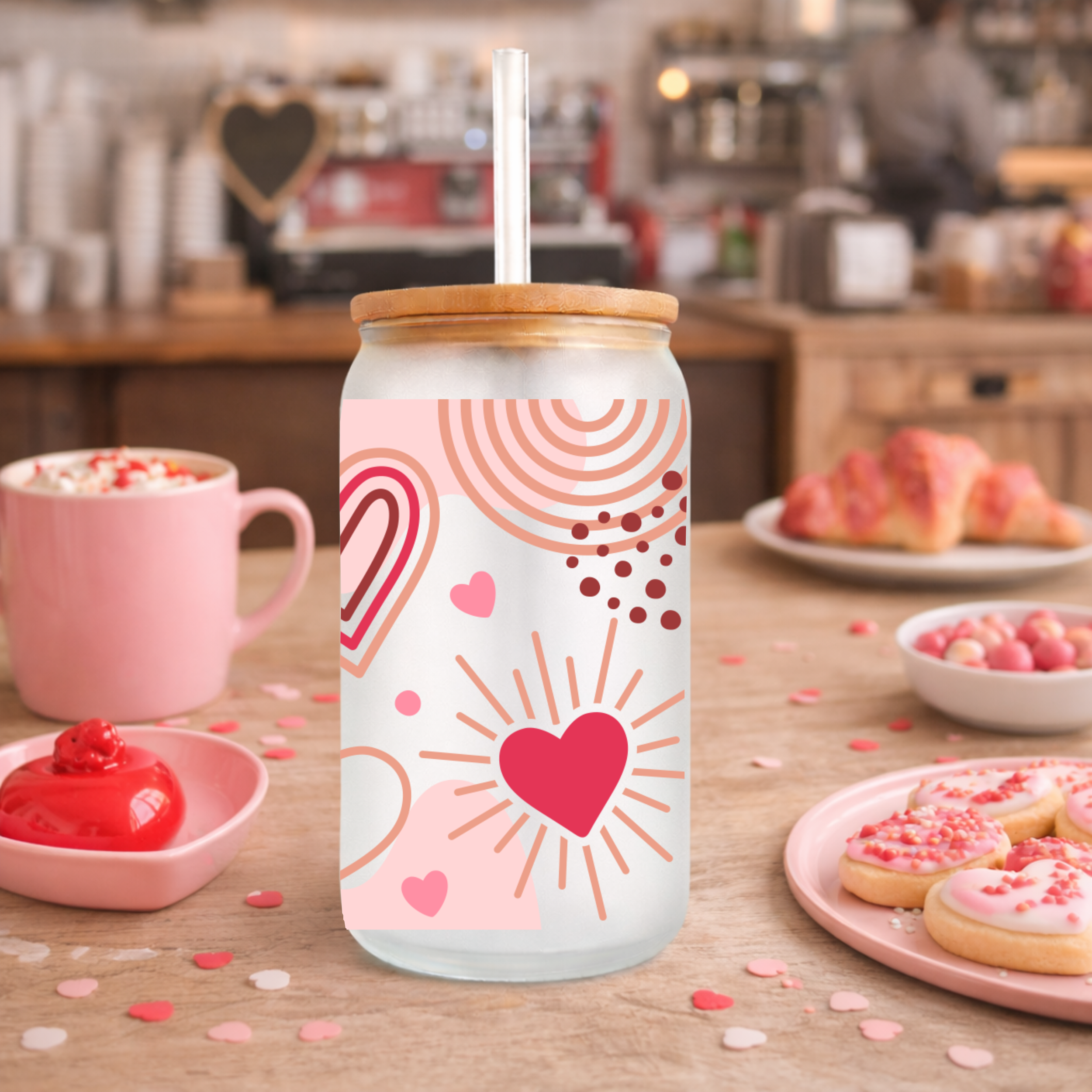 Valentine heart design frosted glass can cup with bamboo lid styled in a cozy cafe setting with pastries and pink accents.