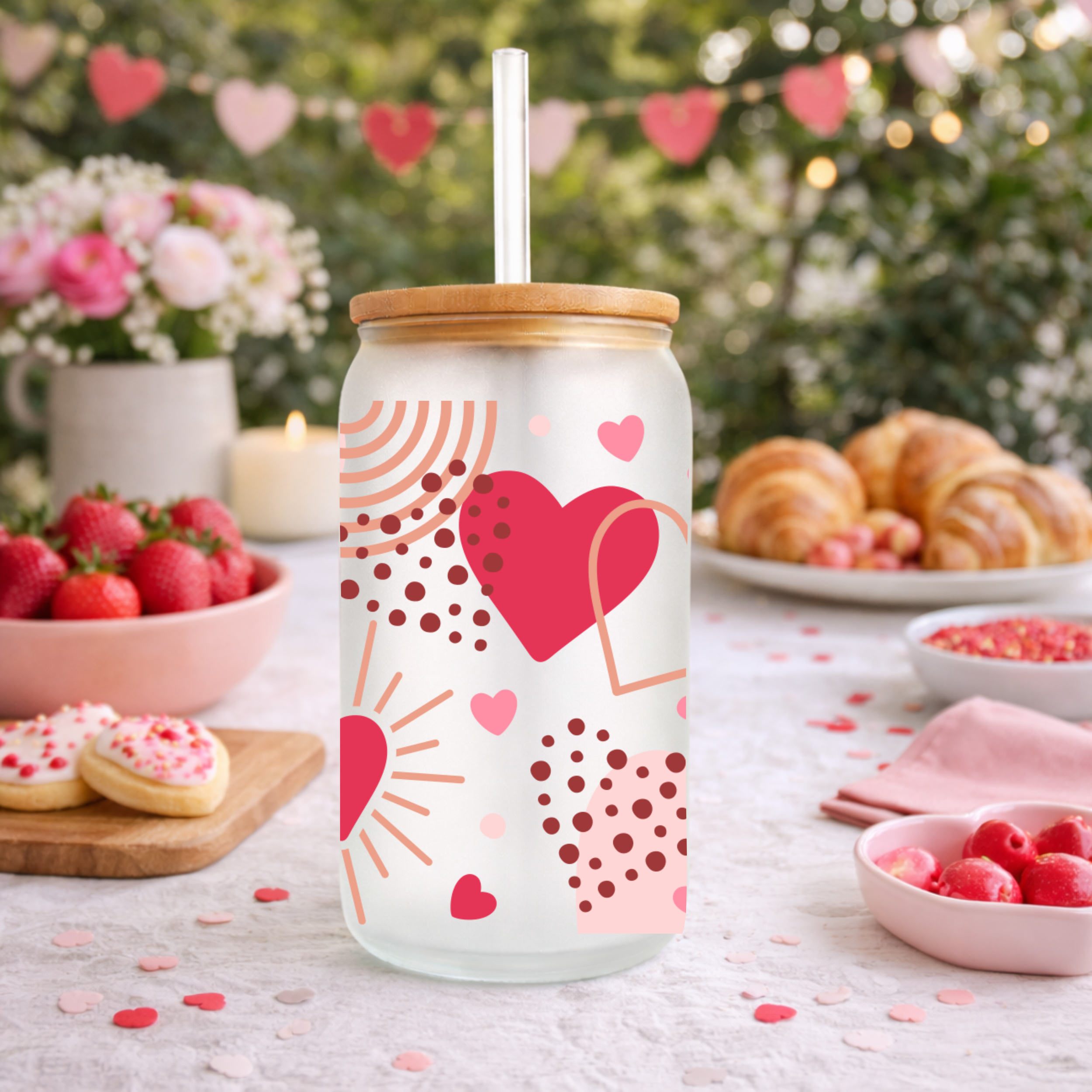 Valentine frosted glass can cup with bamboo lid displayed outdoors with strawberries, pastries, and hanging heart decorations.