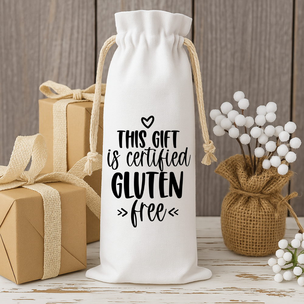 Whimsical wine bag surrounded by gift boxes and rustic decor, great for Christmas or gluten-free gifts.