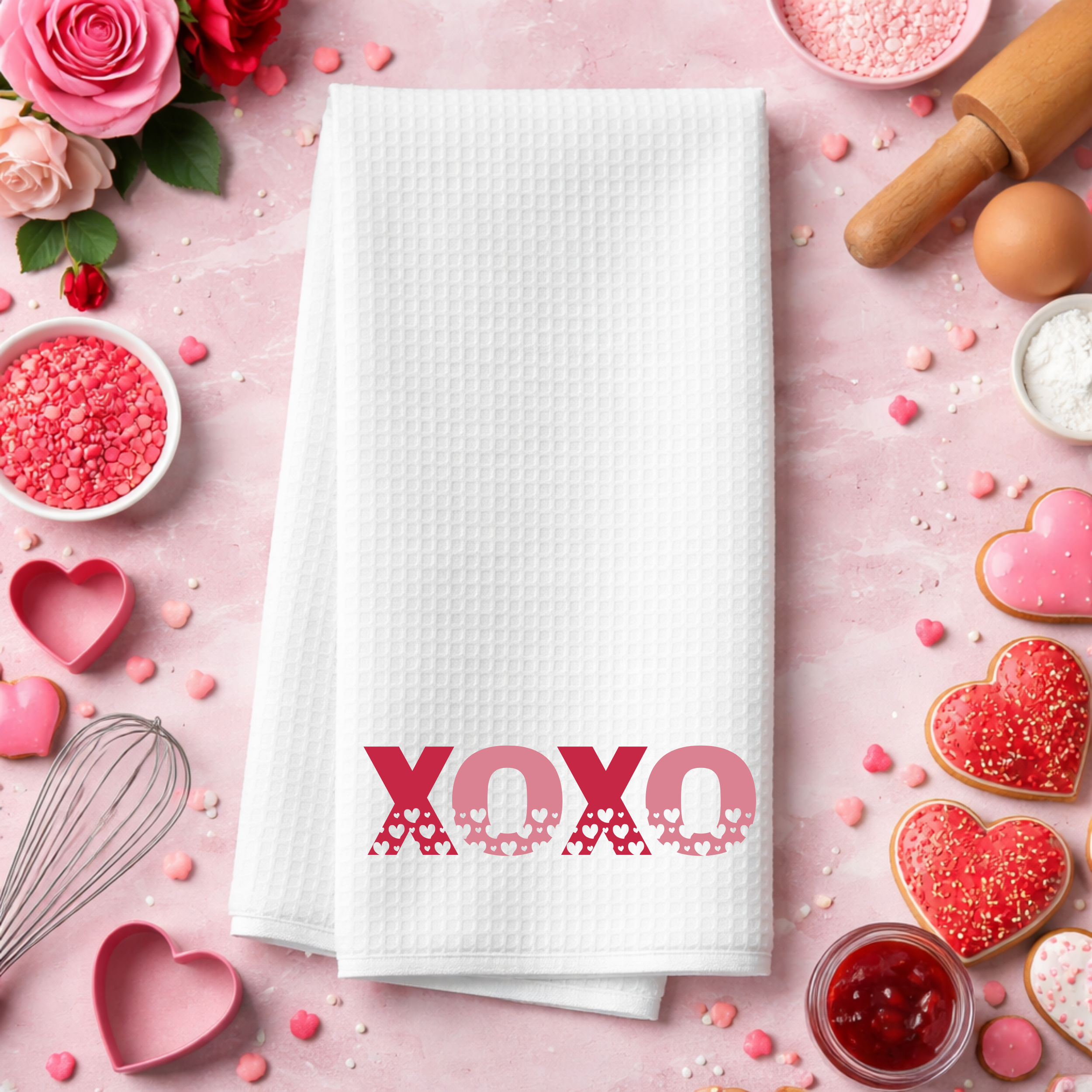 XOXO Valentine’s kitchen towel flat lay with heart cookies and baking tools
