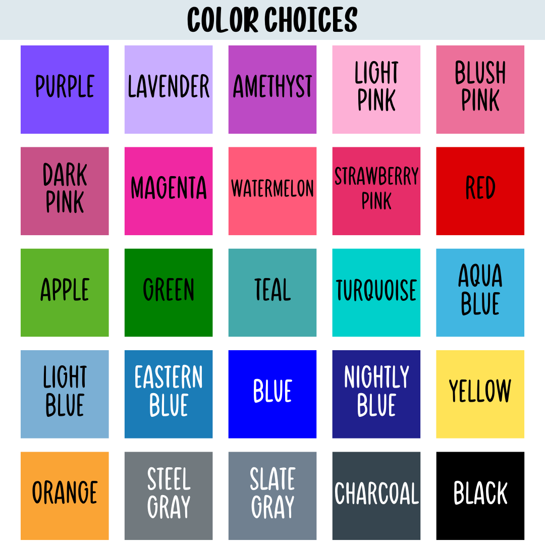 Custom color chart displaying 25 vibrant color choices, including purple, pink, blue, green, gray, and black. Perfect for personalized drinkware selection.