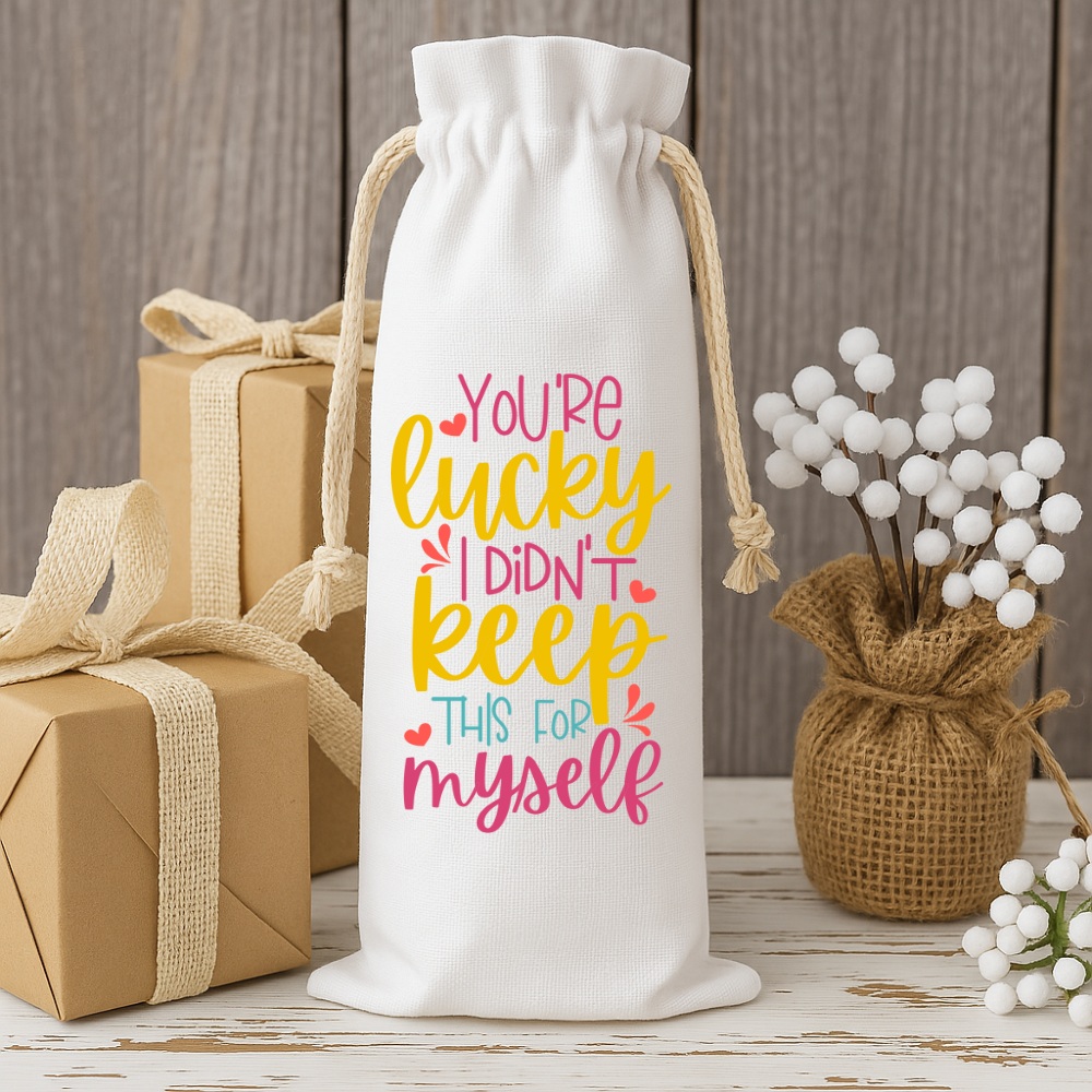 Funny quote wine bottle bag in bright colors, perfect wine gift wrap paired with rustic decor and holiday presents.