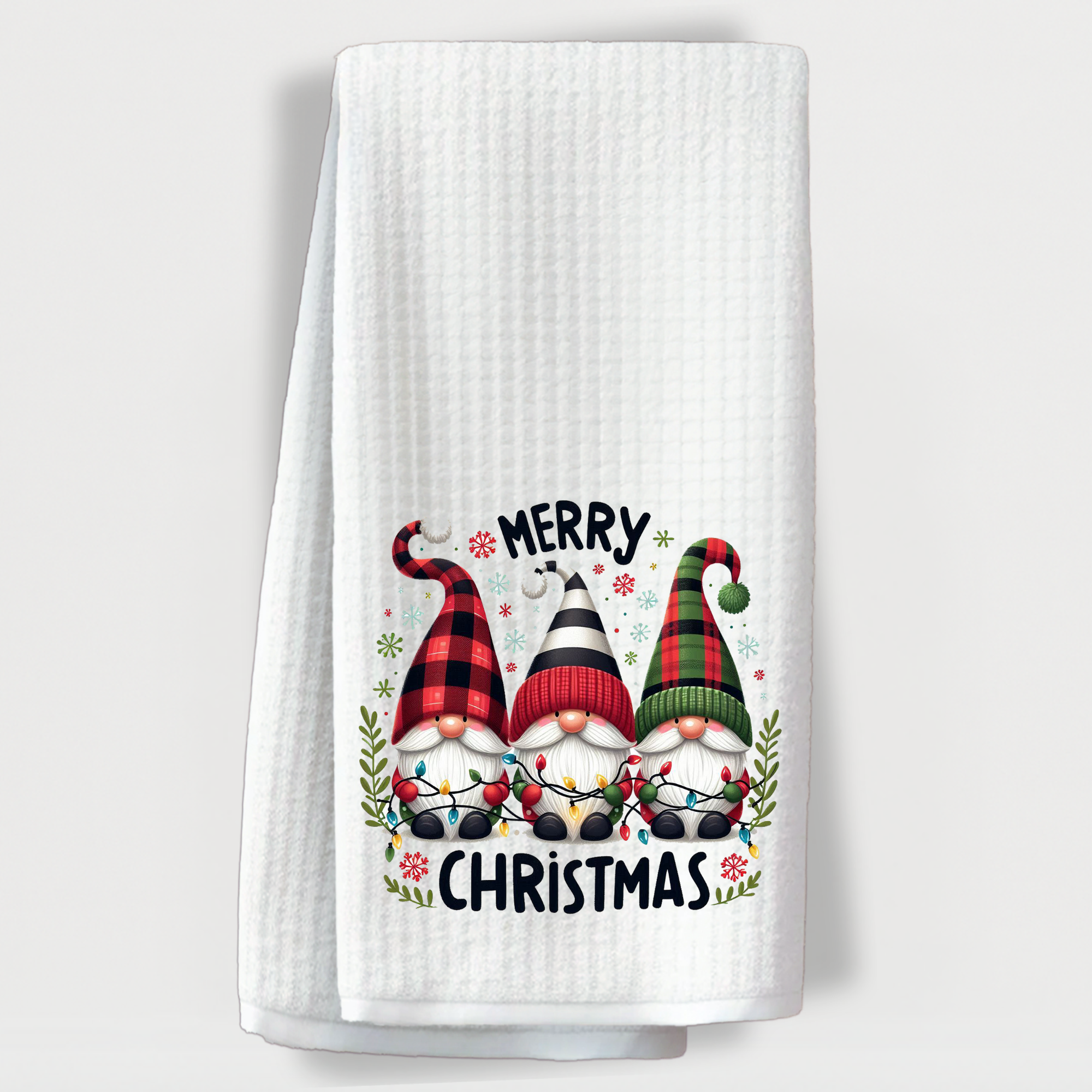 Whimsical gnome Christmas towel for cozy seasonal decor.