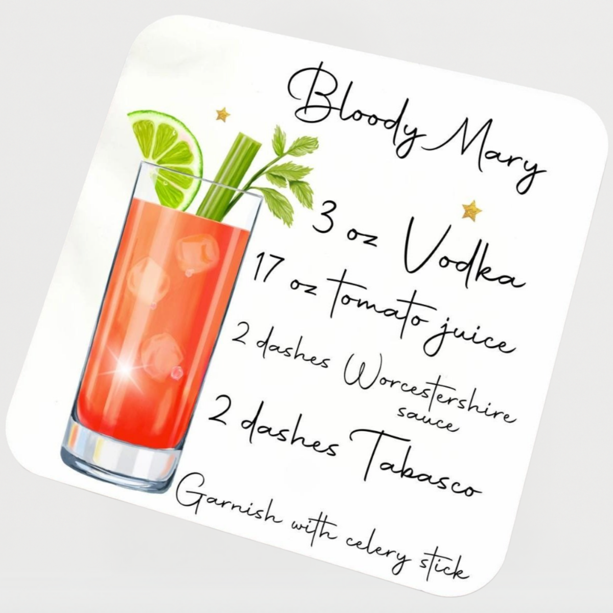 Square coaster featuring illustrated Bloody Mary recipe with celery, lime, and bold lettering.