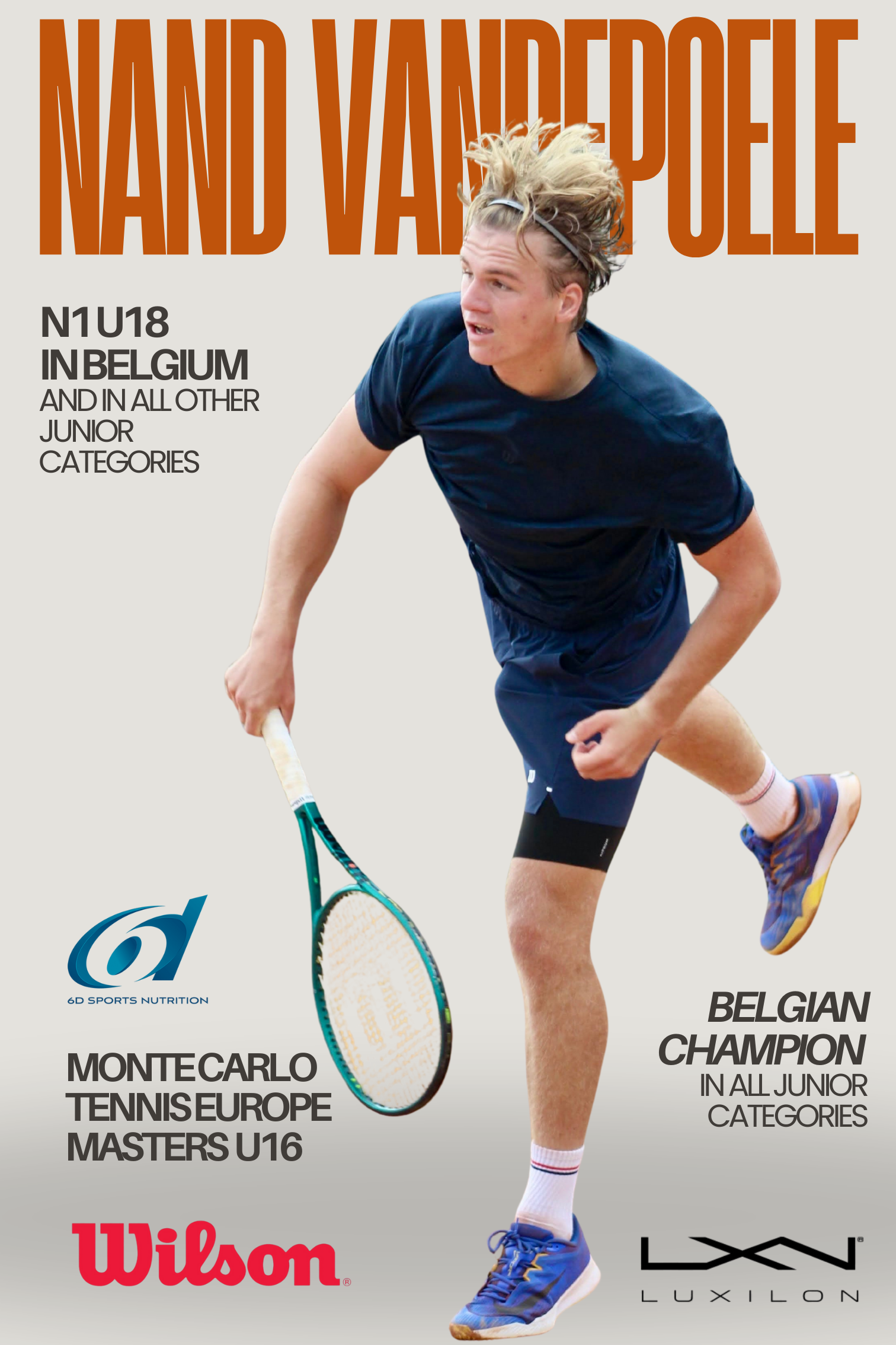 Poster featuring Nand Vandepolle, a young male tennis player in a blue sports outfit, mid-motion with tousled blonde hair, holding a tennis racket, advertising tennis tournaments and brands like Wilson and Luxilon.