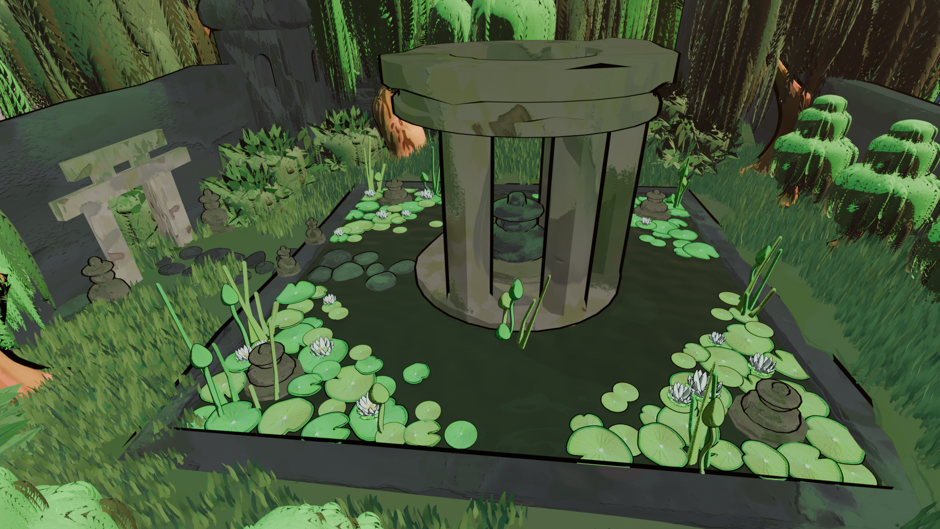 overhead shot of garden pool and later