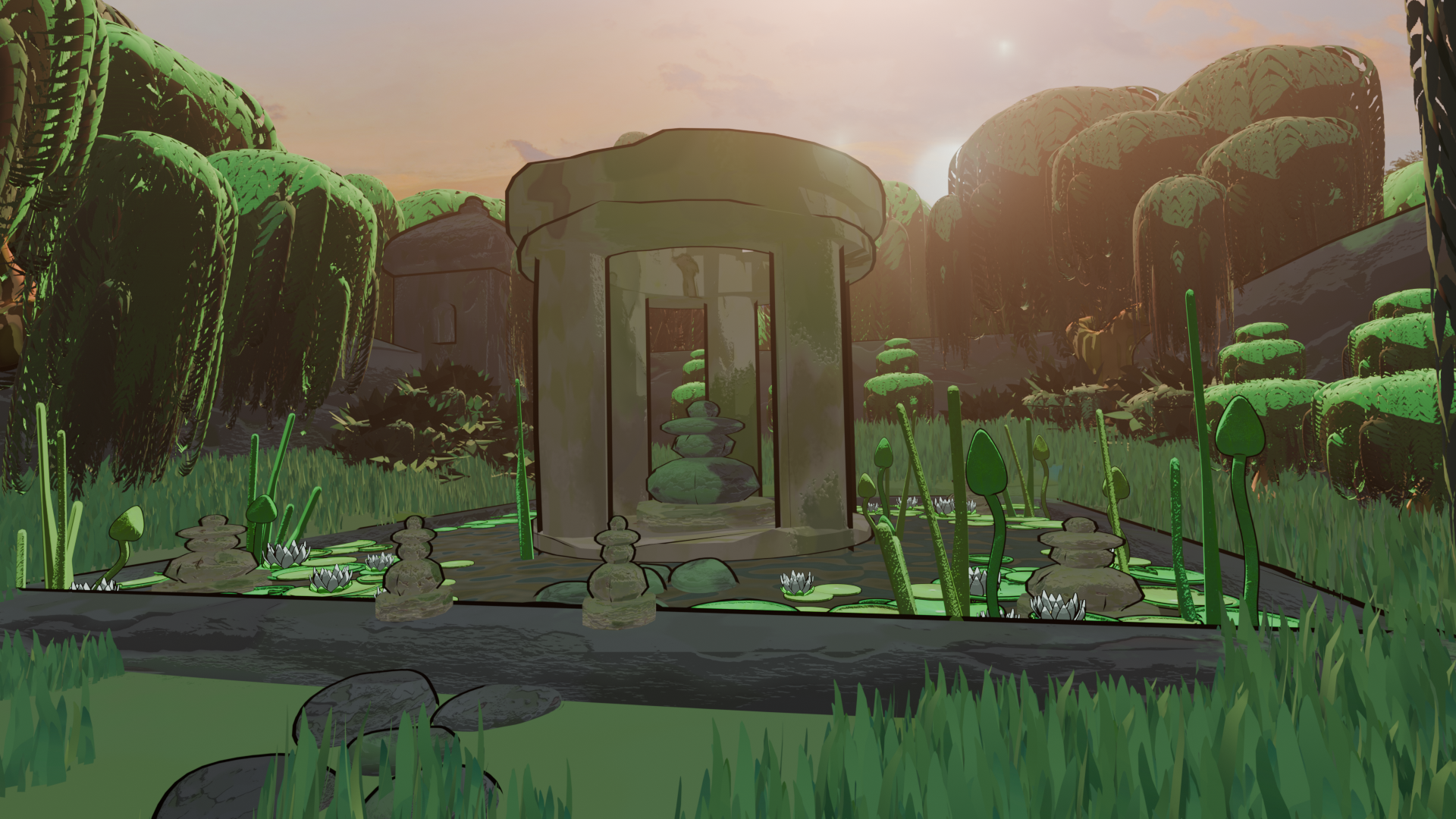 Shot of alter in the cneter of a pool in overgrown walled garden
