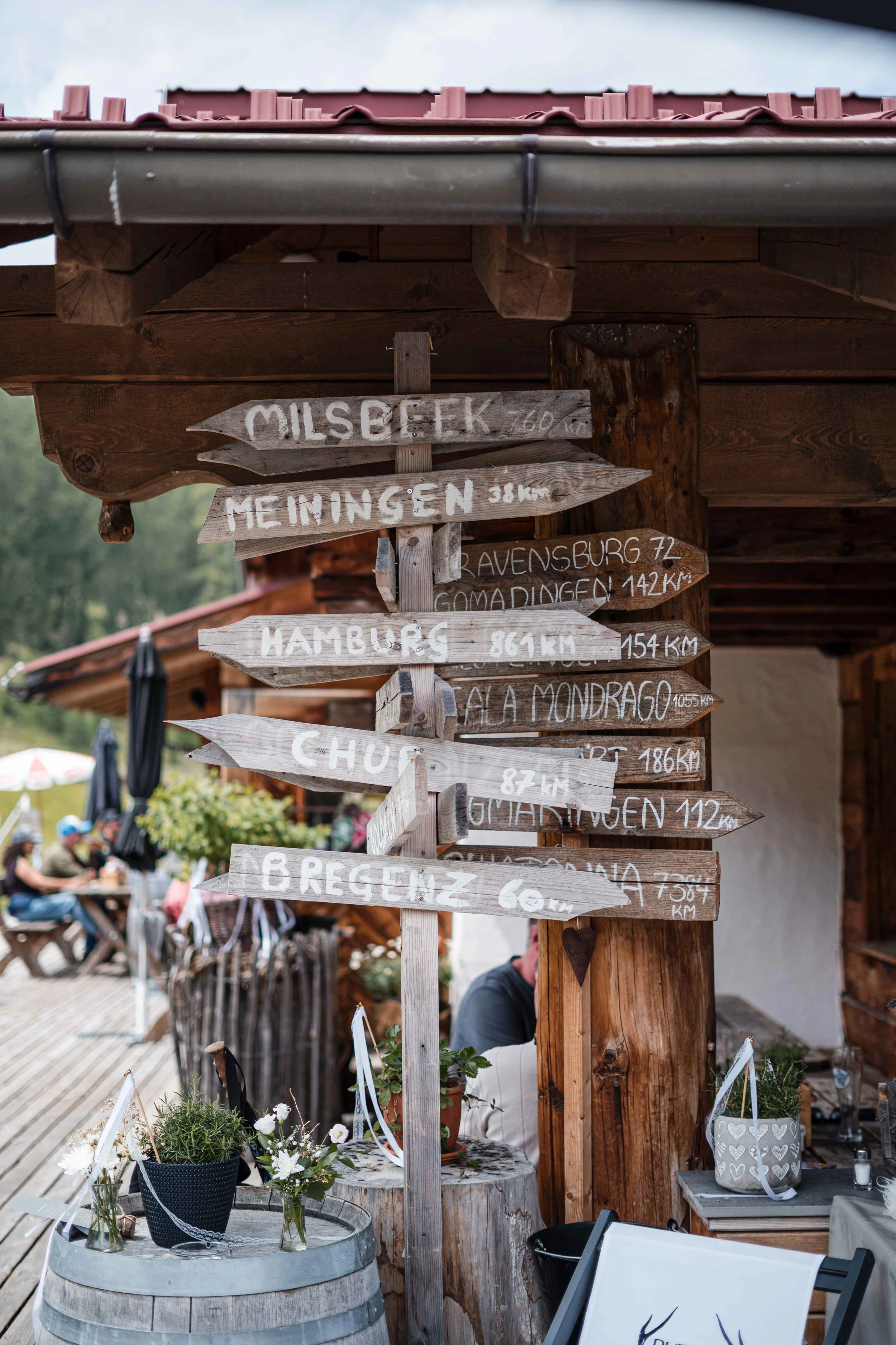 Holzschilder an einem Baum mit Entfernungsangaben zu verschiedenen Orten, darunter Milsbeck, Meiningen, Hamburg, Chur, Bregenz, Ravenburg, Gomadingen, Alagna, Oy-Mahrhungen, und Alagna, in einer Outdoor-Lounge-Umgebung mit Menschen im Hintergrund.